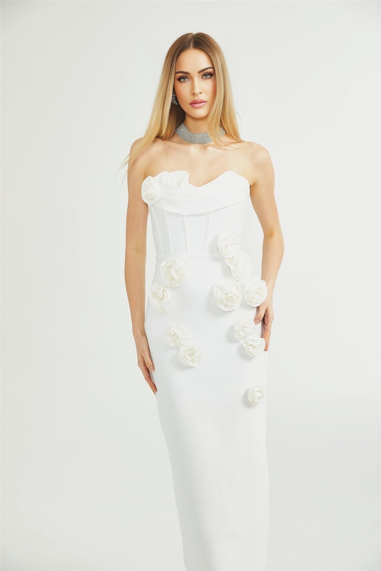 Elda Floral Midi Dress - Off - Shoulder Corset Style - Faux - Flower Accents - Rear Zip Fastening & Slit