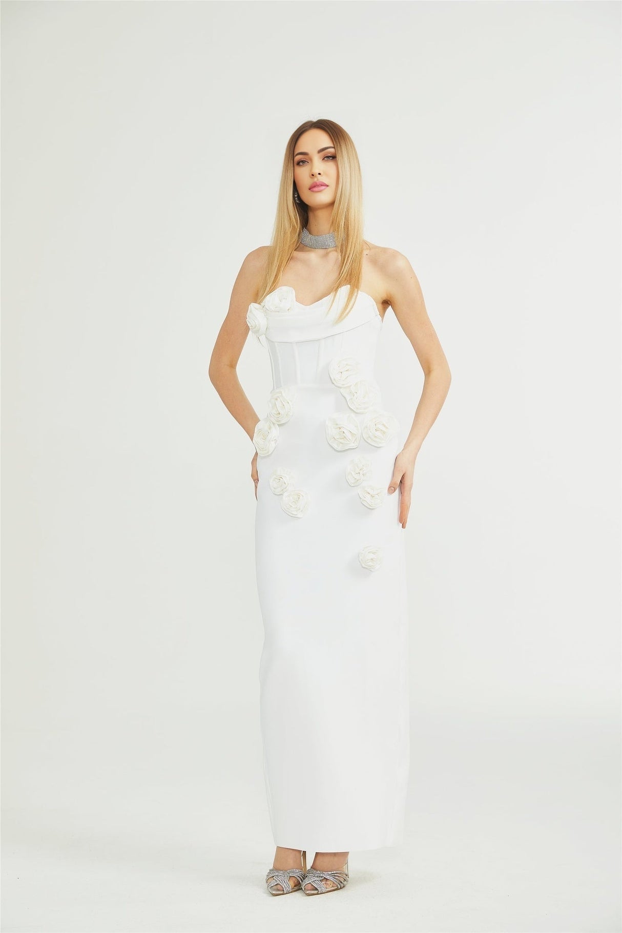 Elda Floral Midi Dress - Off - Shoulder Corset Style - Faux - Flower Accents - Rear Zip Fastening & Slit