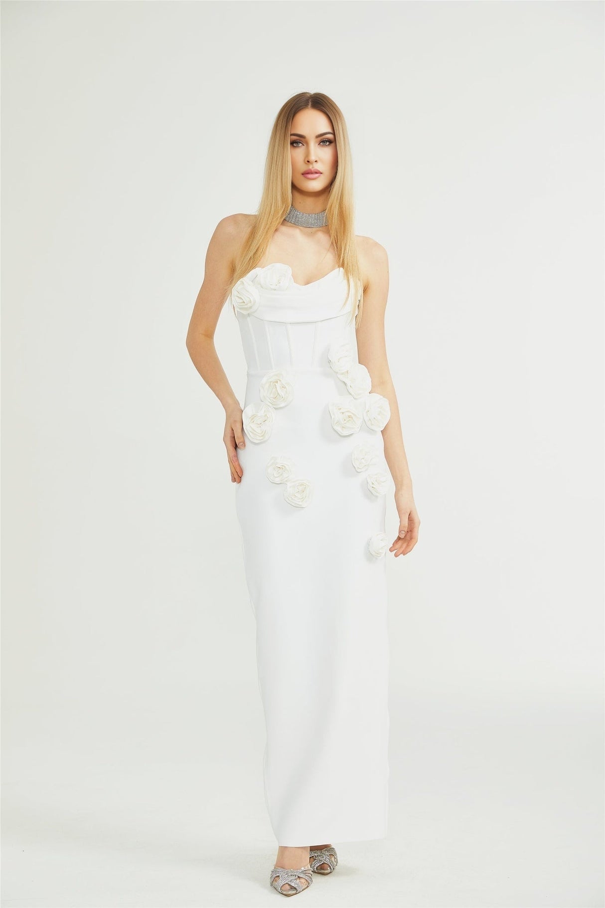 Elda Floral Midi Dress - Off - Shoulder Corset Style - Faux - Flower Accents - Rear Zip Fastening & Slit