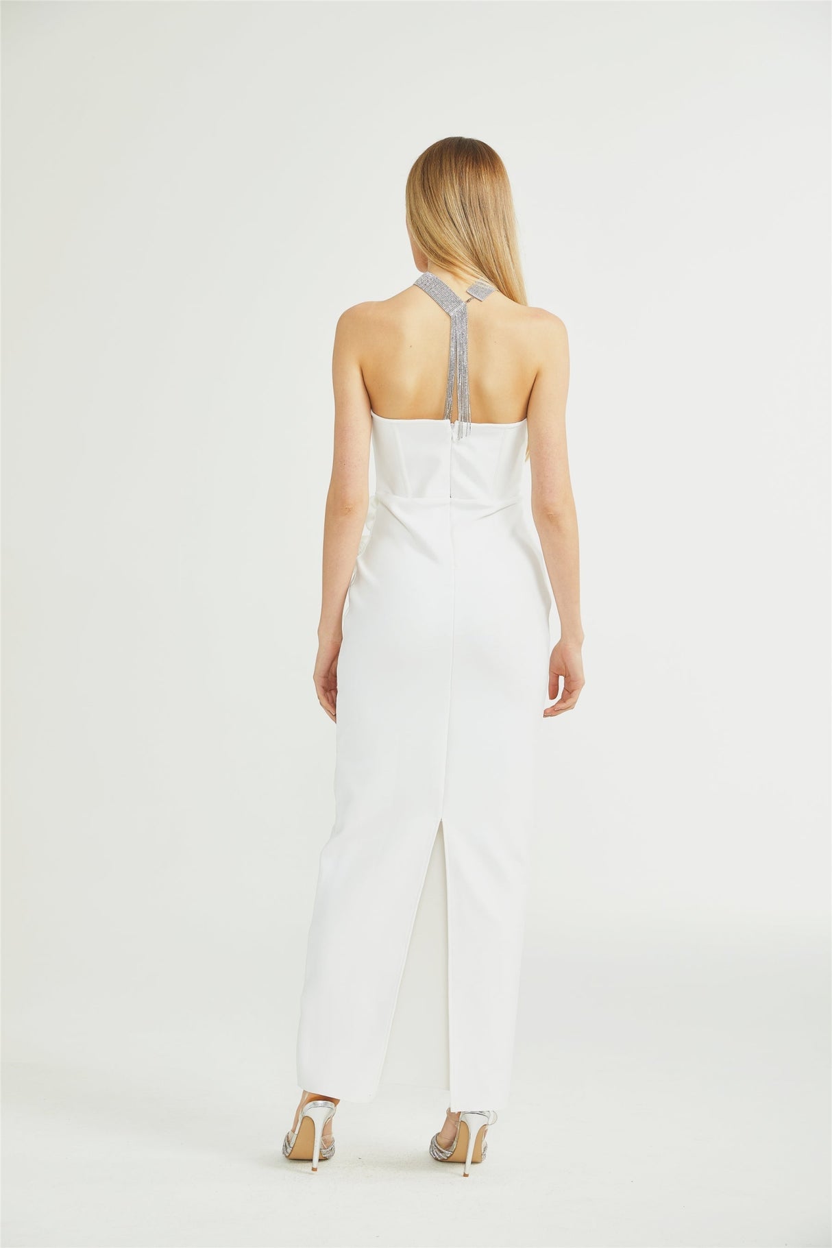 Elda Floral Midi Dress - Off - Shoulder Corset Style - Faux - Flower Accents - Rear Zip Fastening & Slit