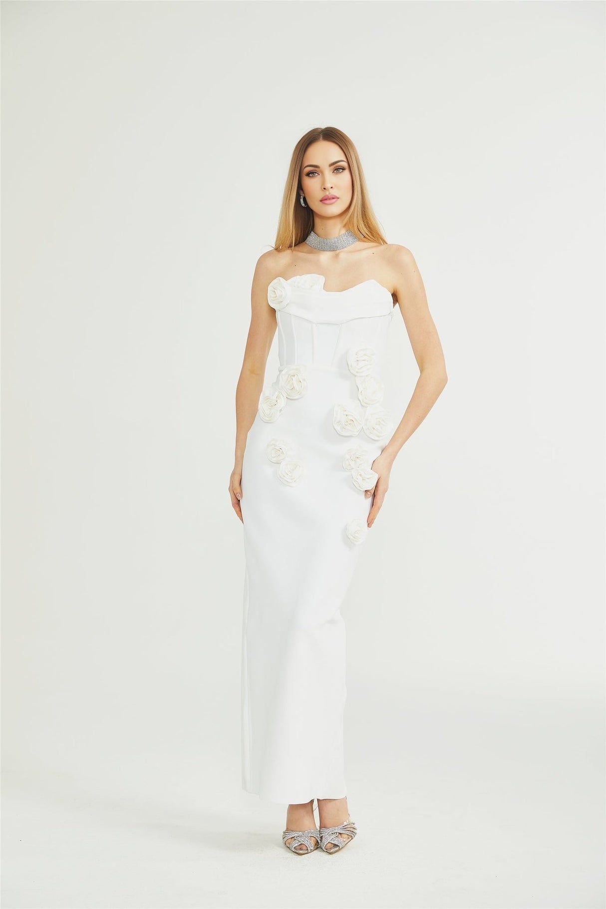 Elda Floral Midi Dress - Off - Shoulder Corset Style - Faux - Flower Accents - Rear Zip Fastening & Slit