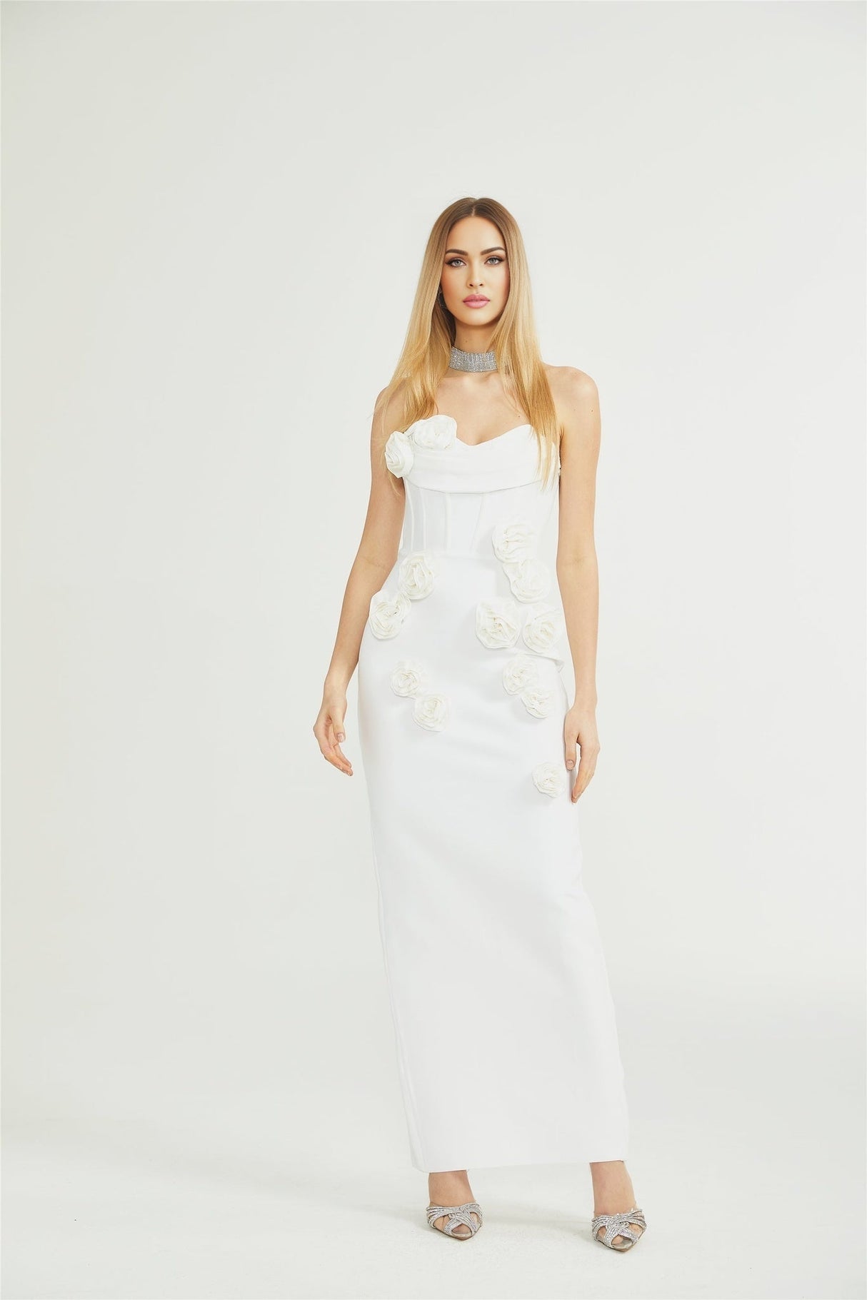 Elda Floral Midi Dress - Off - Shoulder Corset Style - Faux - Flower Accents - Rear Zip Fastening & Slit