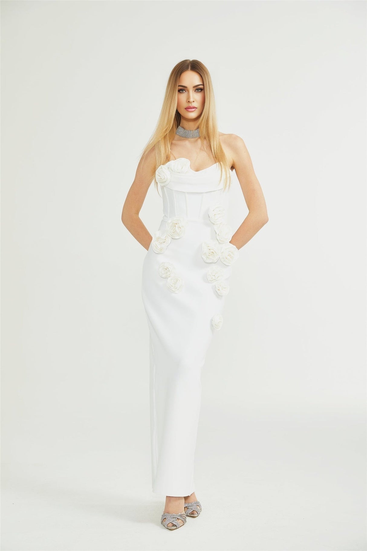 Elda Floral Midi Dress - Off - Shoulder Corset Style - Faux - Flower Accents - Rear Zip Fastening & Slit