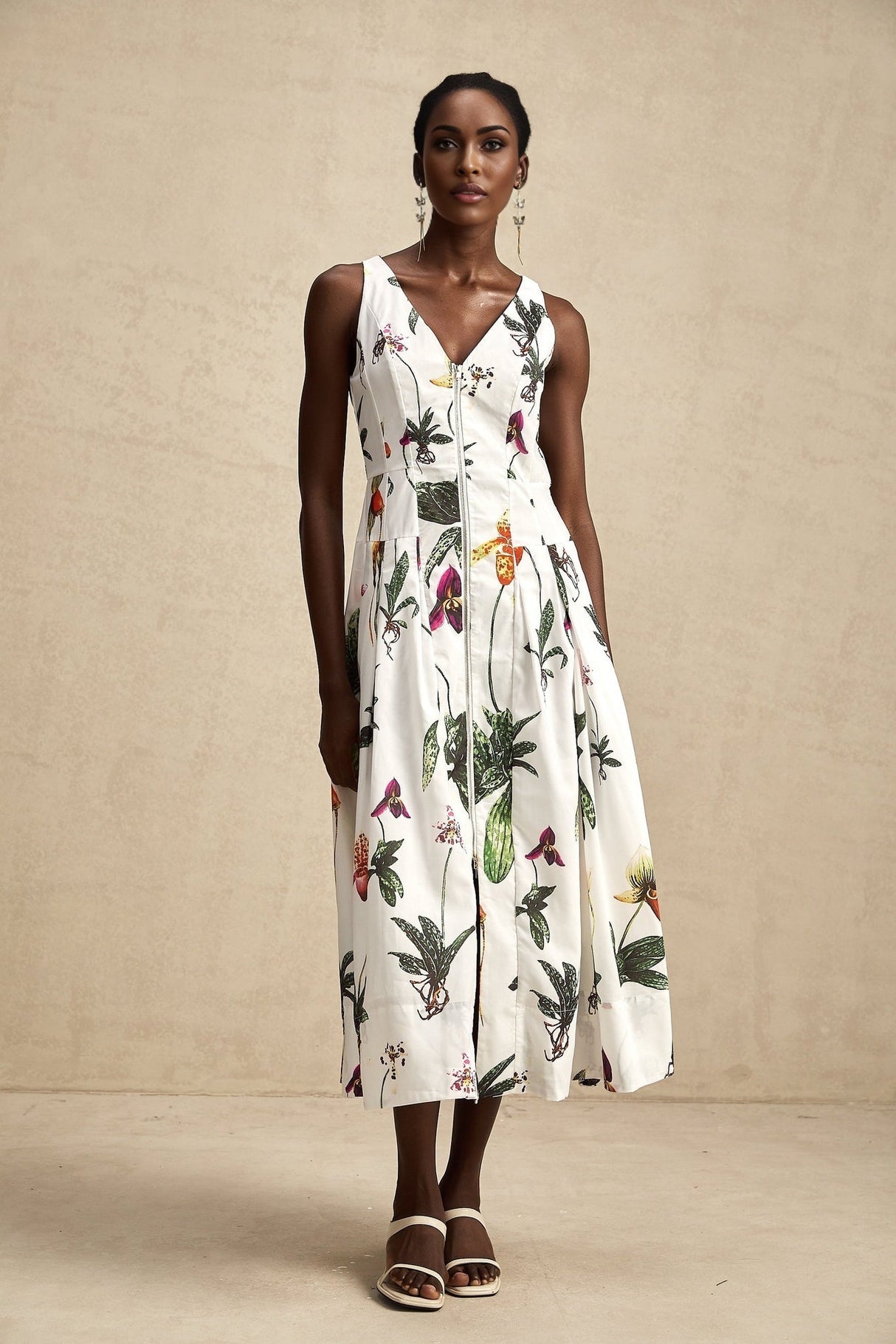 Elda Floral Midi Dress - Sleeveless V Neck - Poplin Texture - Front Zip Fastening - Pleated Detailing