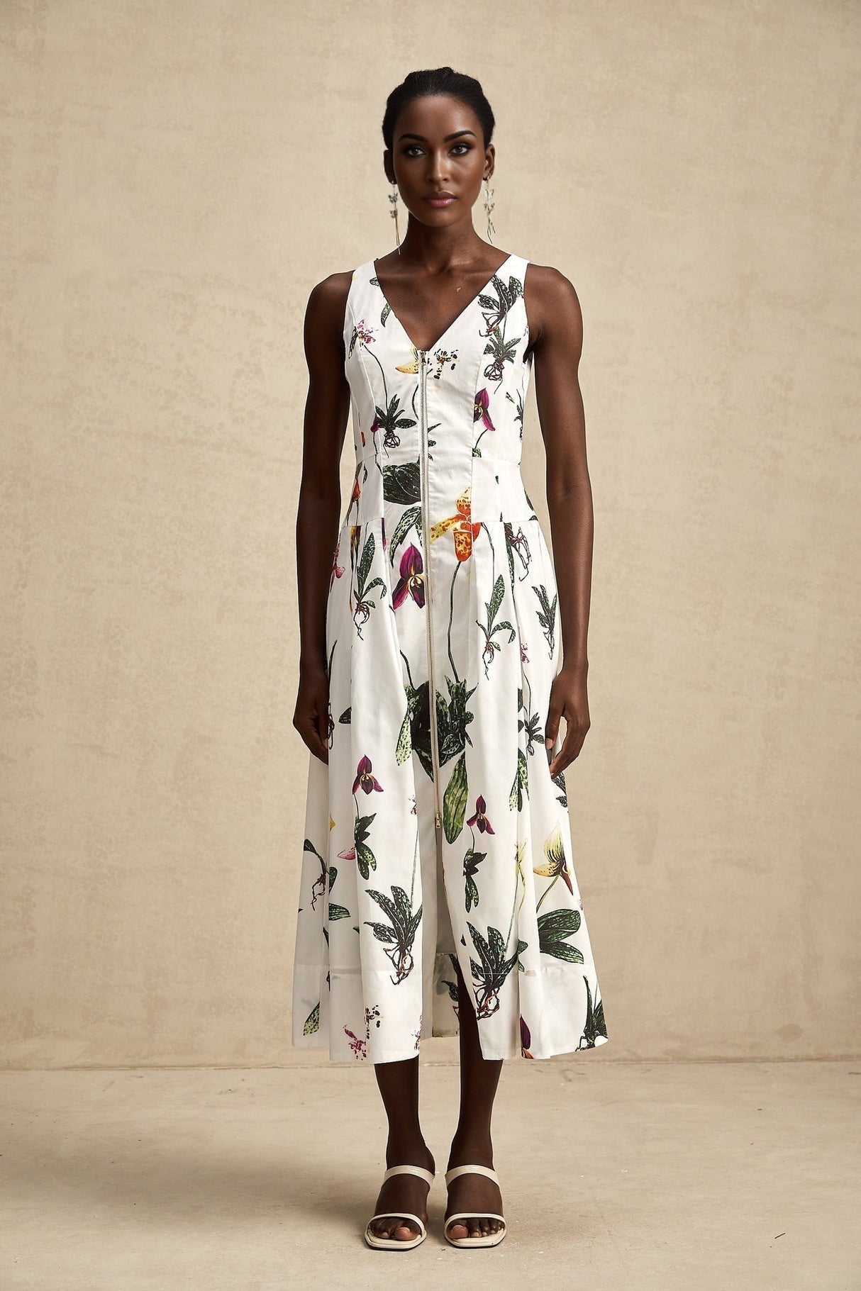 Elda Floral Midi Dress - Sleeveless V Neck - Poplin Texture - Front Zip Fastening - Pleated Detailing