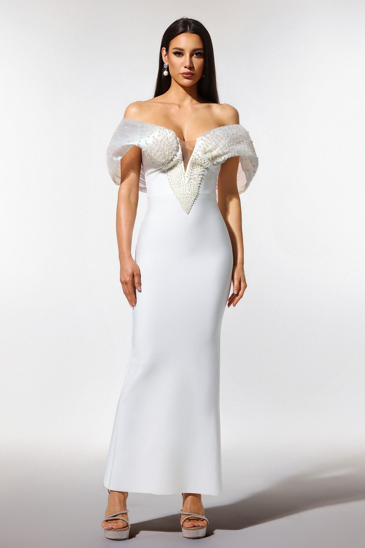 Elda White Off-Shoulder Pearl Detail Dress V-Neckline Formal Evening Wedding Gala