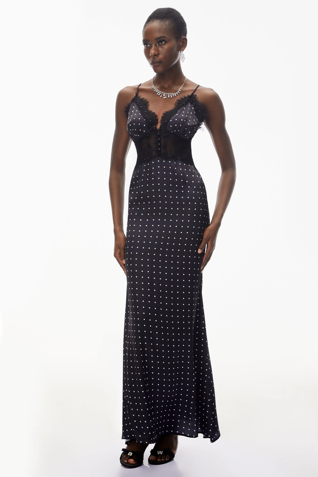 Eleanor Black Polka Dot Lace Trim Maxi Dress