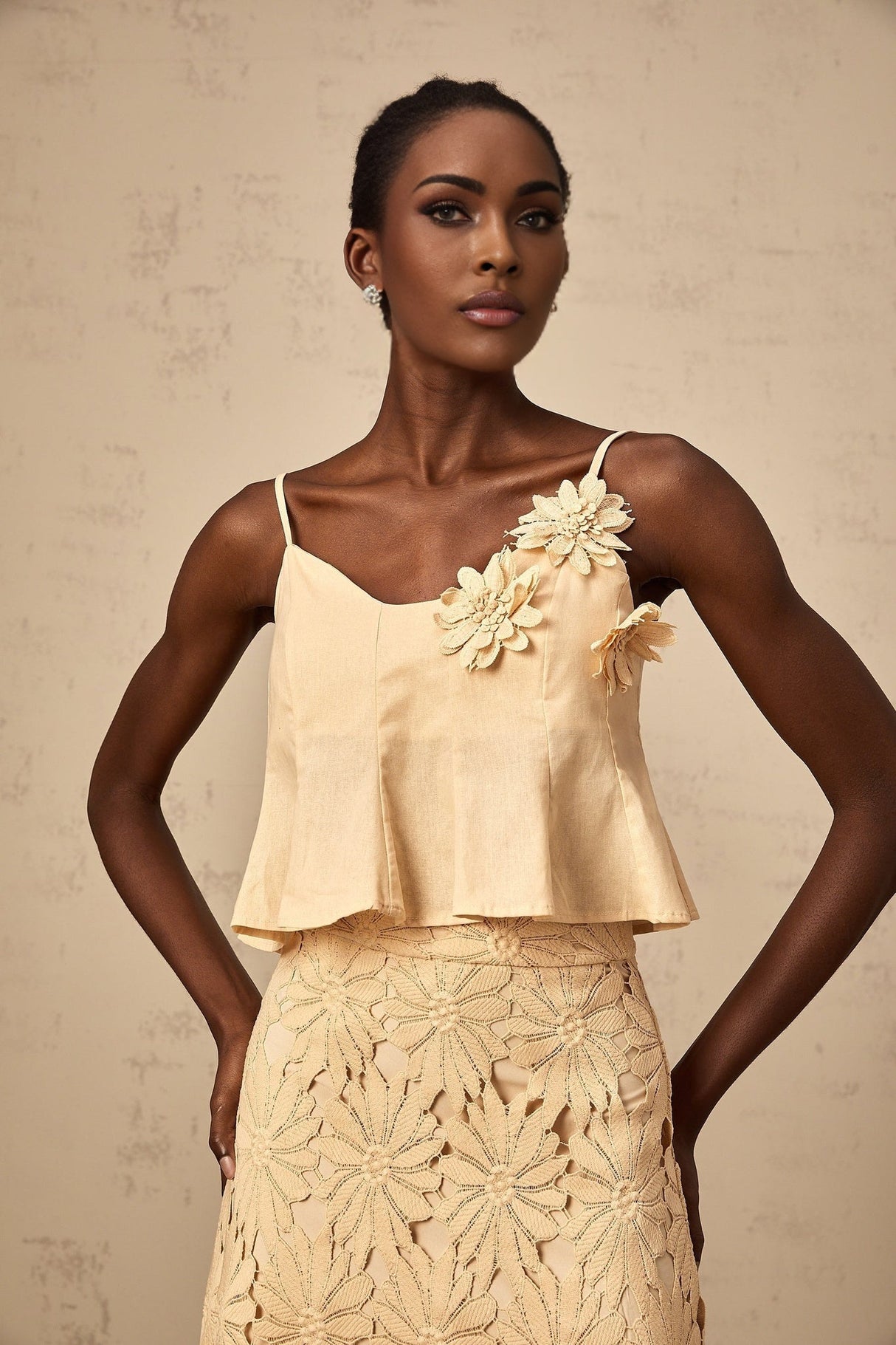 Eleanor Top & Skirt Set - Adjustable Straps - Floral Appliqué - Flared Hem - Embroidery Detail - Scallop Trim