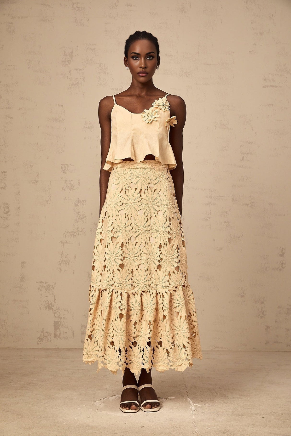 Eleanor Top & Skirt Set - Adjustable Straps - Floral Appliqué - Flared Hem - Embroidery Detail - Scallop Trim