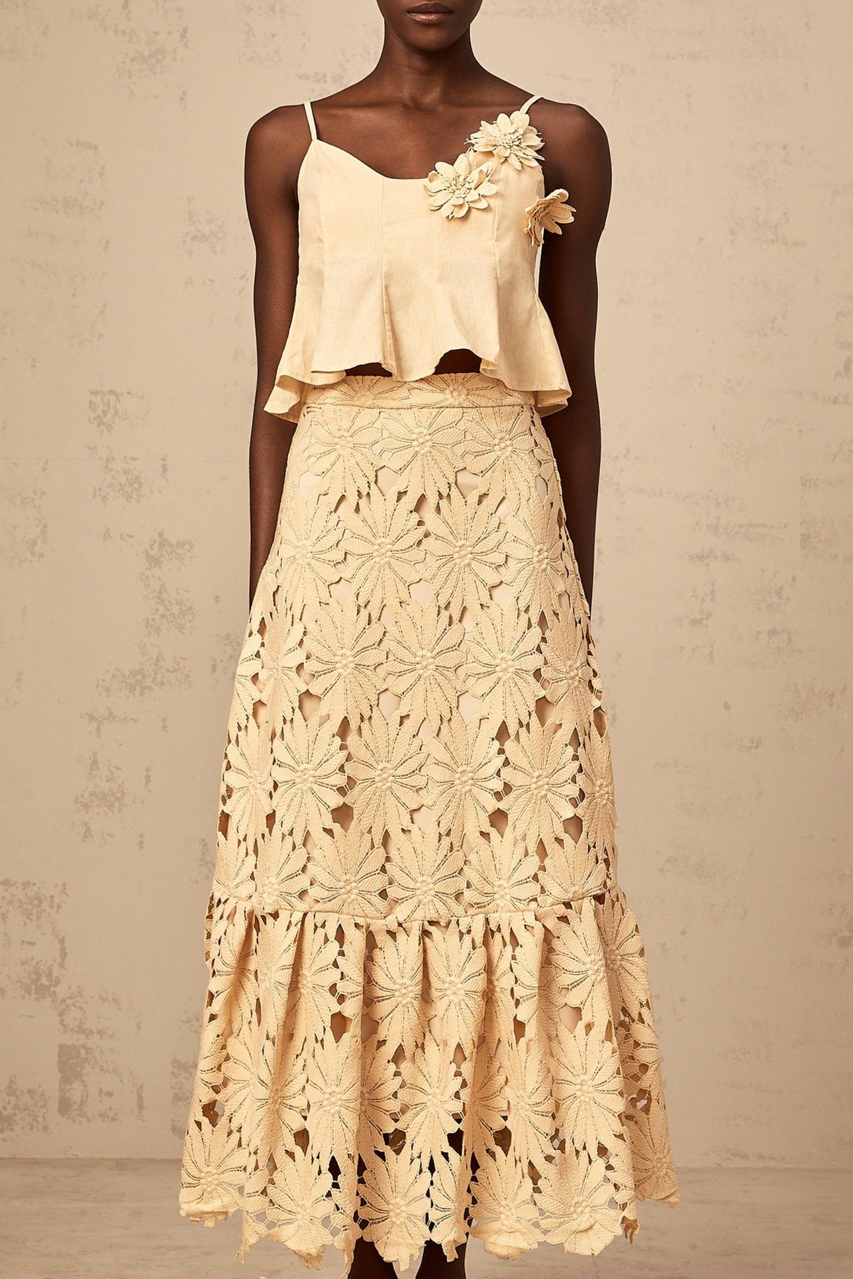 Eleanor Top & Skirt Set - Adjustable Straps - Floral Appliqué - Flared Hem - Embroidery Detail - Scallop Trim