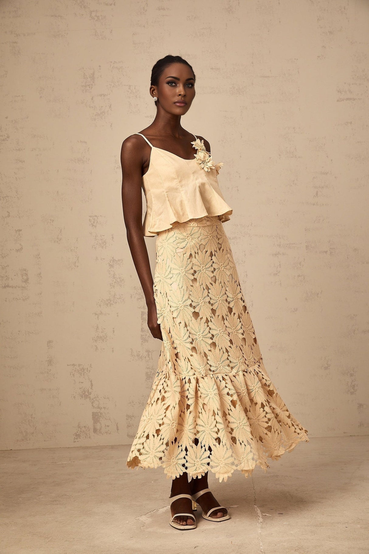 Eleanor Top & Skirt Set - Adjustable Straps - Floral Appliqué - Flared Hem - Embroidery Detail - Scallop Trim