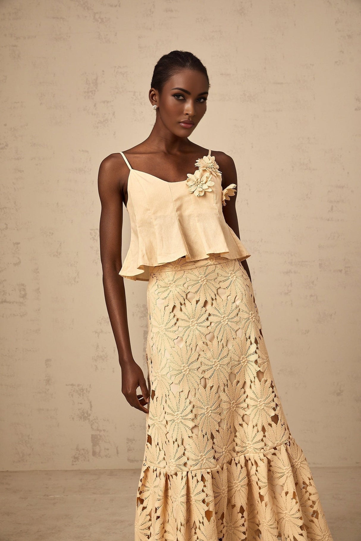 Eleanor Top & Skirt Set - Adjustable Straps - Floral Appliqué - Flared Hem - Embroidery Detail - Scallop Trim
