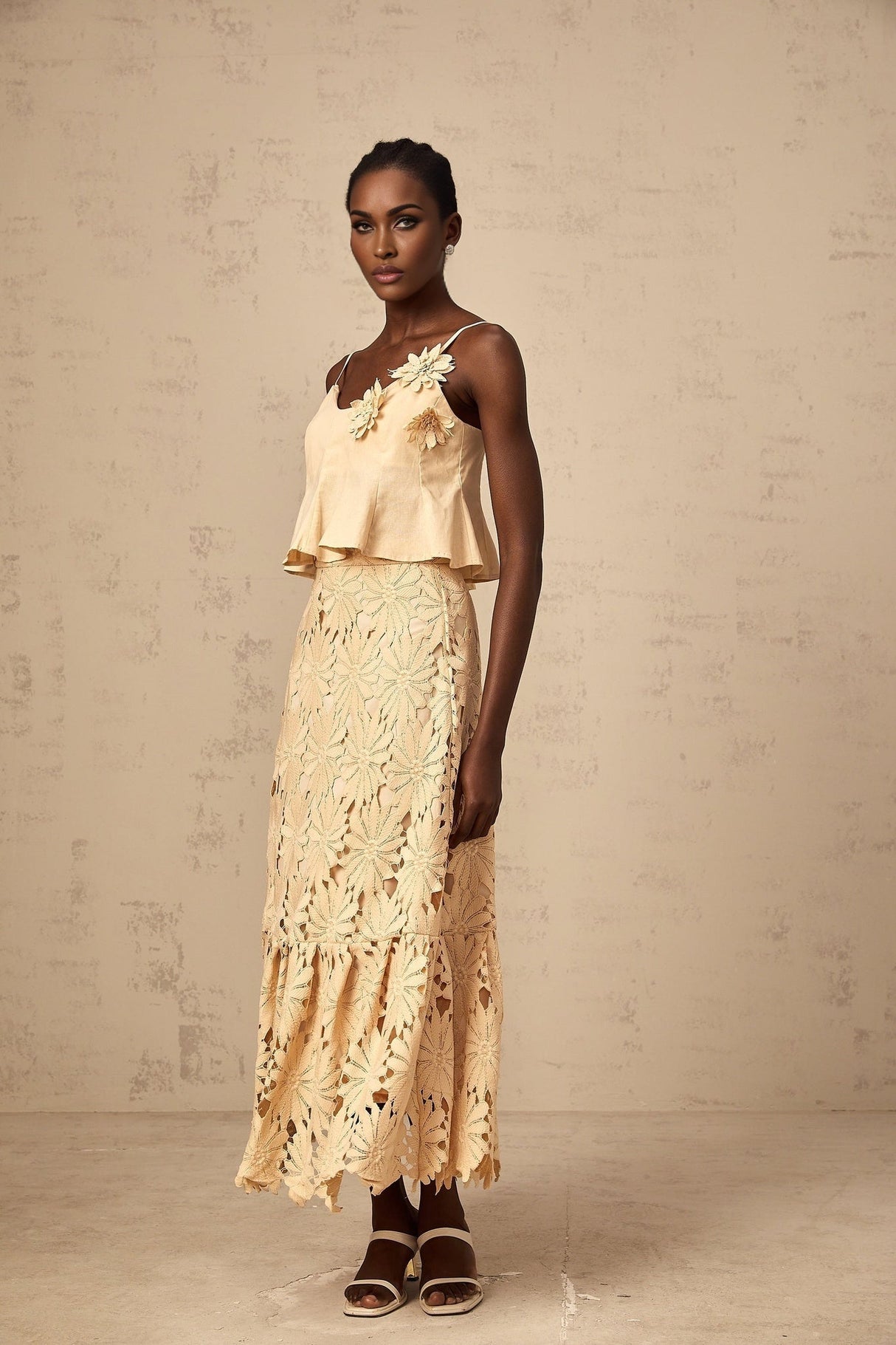 Eleanor Top & Skirt Set - Adjustable Straps - Floral Appliqué - Flared Hem - Embroidery Detail - Scallop Trim