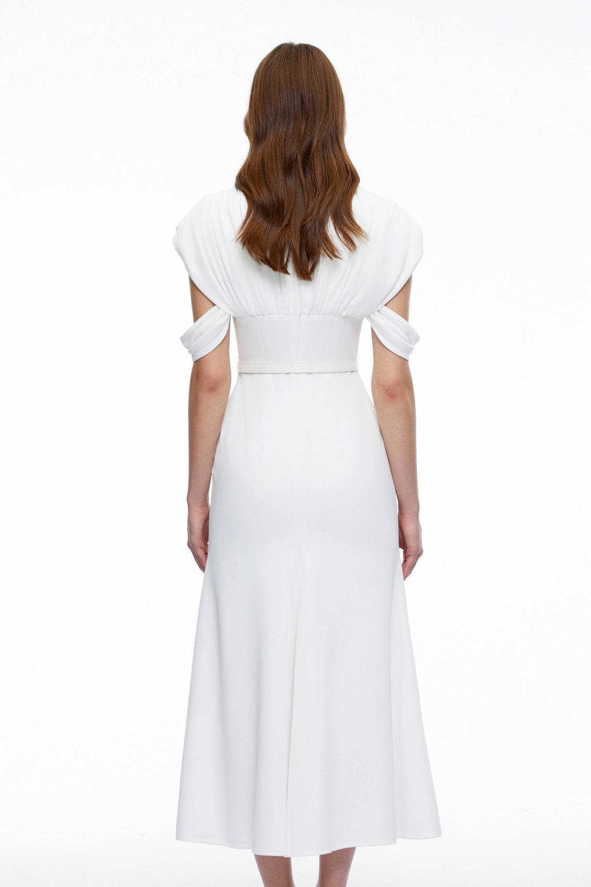 Eleanor White VNeck Midi Dress with Cape Sleeves