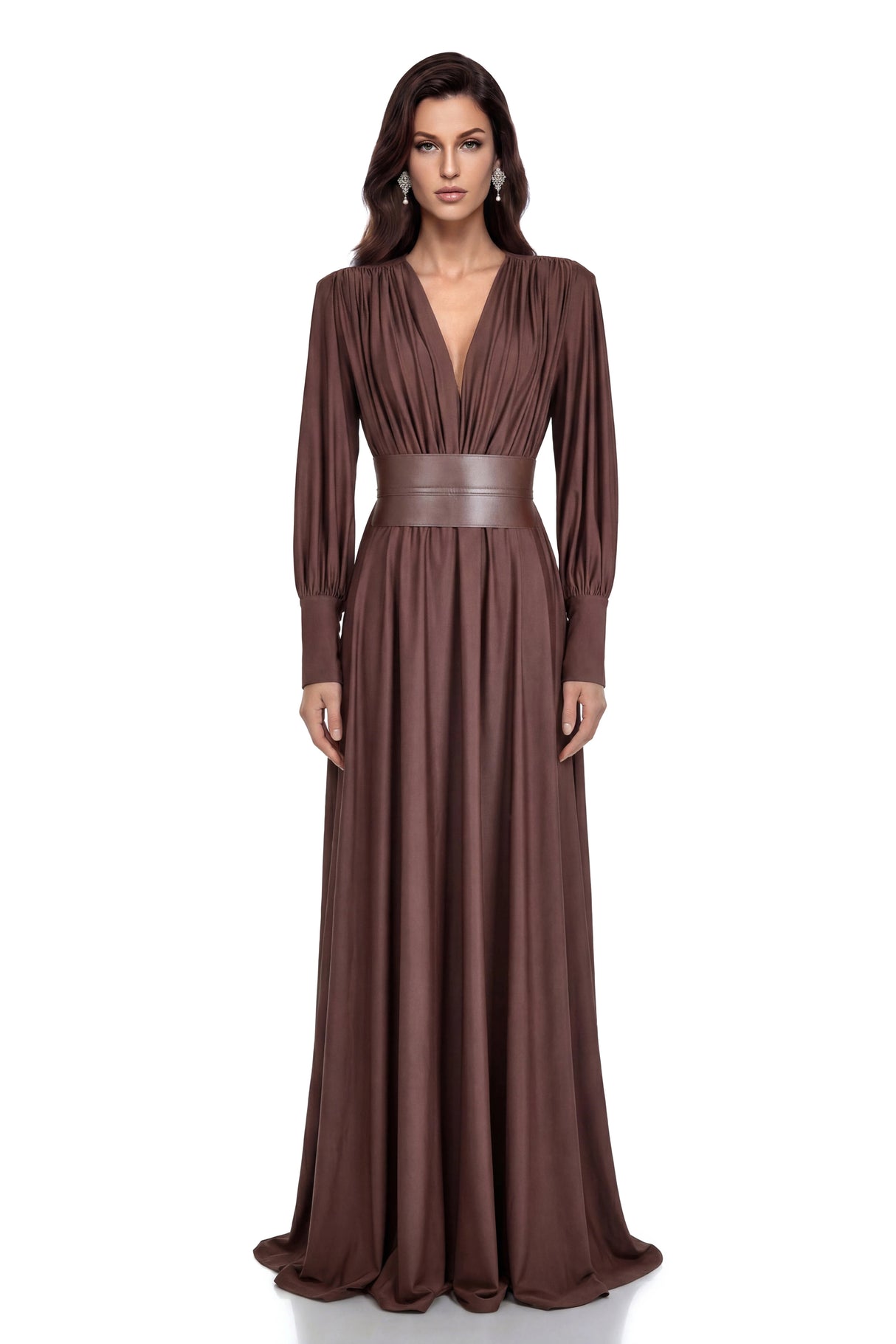 Eleanore Chocolate Brown VNeck Ruched Maxi Dress