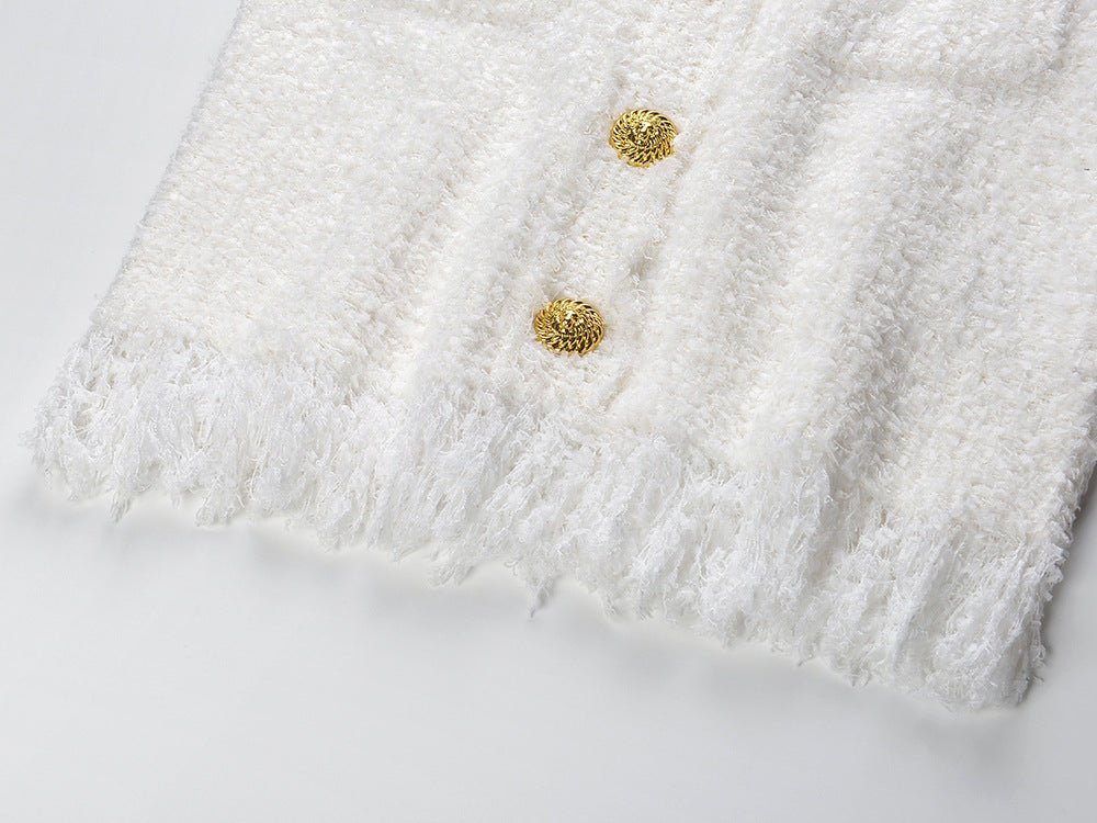 Elena Blazer & Skirt Set - Fringed Edges - Double - Breasted Design - Tailored Fit - Button Details - Versatile Style