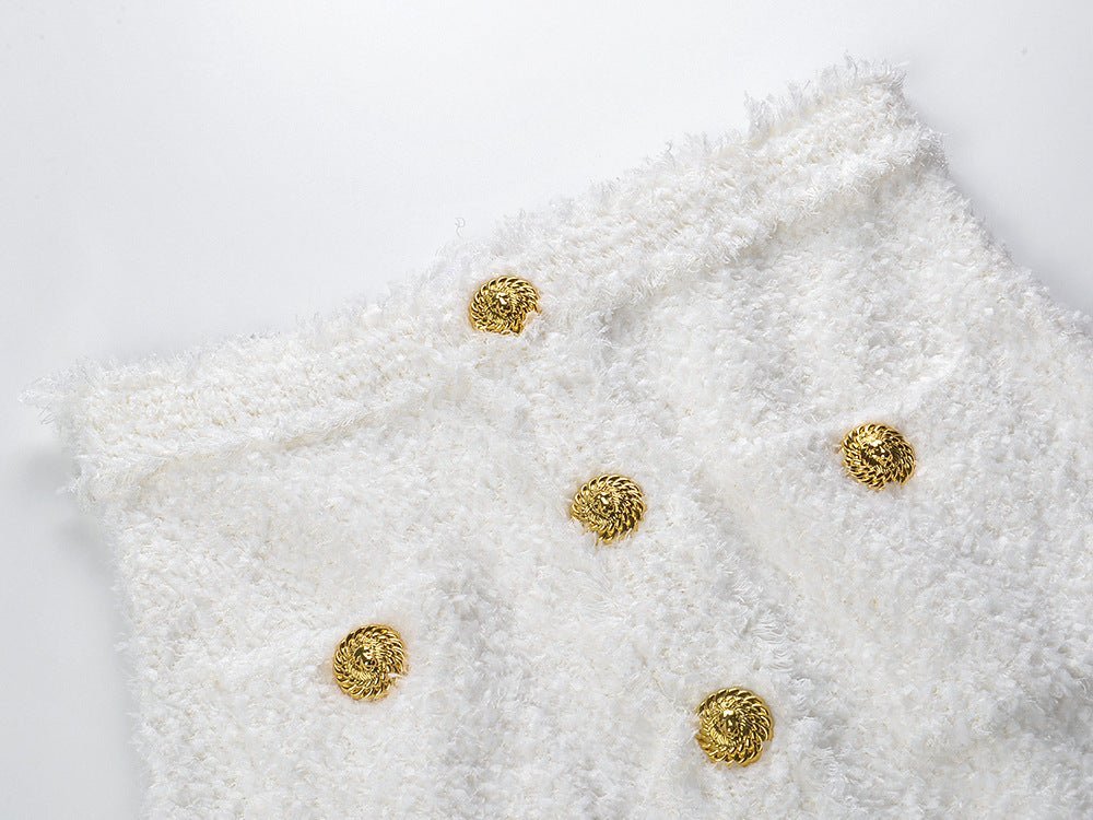 Elena Blazer & Skirt Set - Fringed Edges - Double - Breasted Design - Tailored Fit - Button Details - Versatile Style