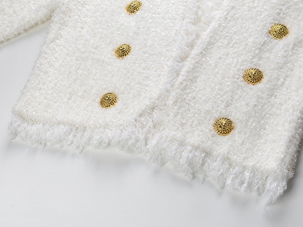 Elena Blazer & Skirt Set - Fringed Edges - Double - Breasted Design - Tailored Fit - Button Details - Versatile Style