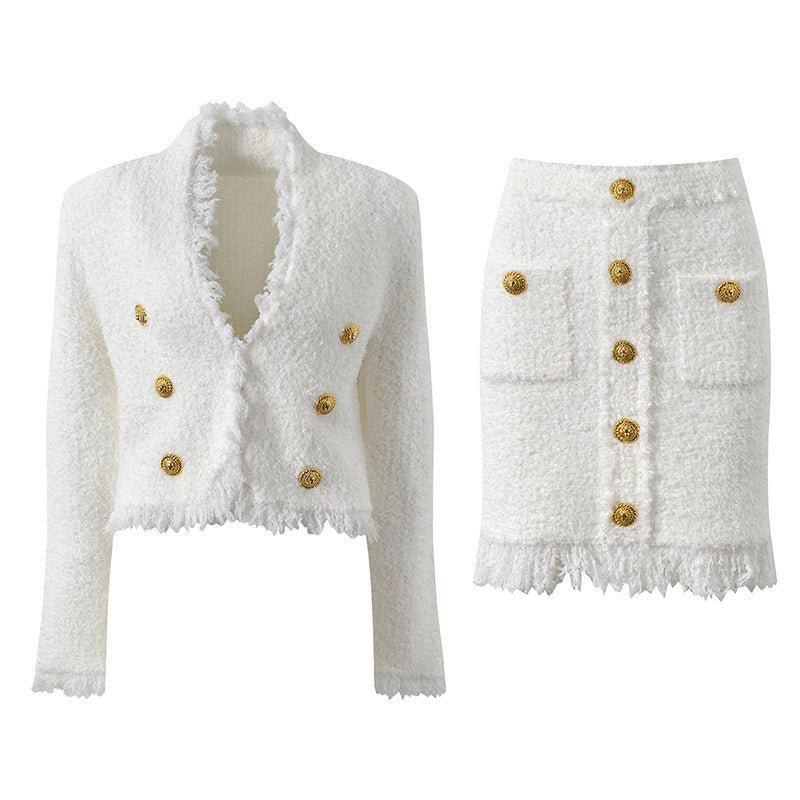 Elena Blazer & Skirt Set - Fringed Edges - Double - Breasted Design - Tailored Fit - Button Details - Versatile Style