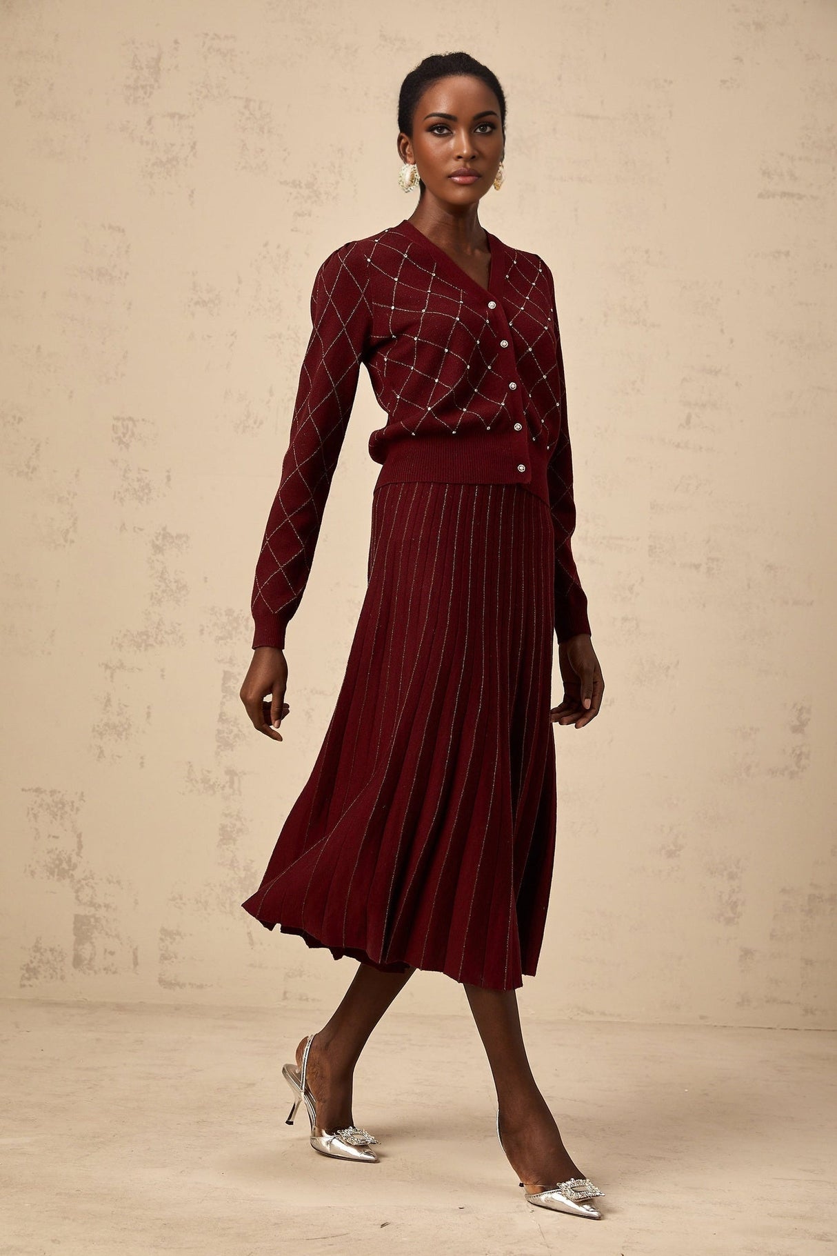 Elena Cardigan & Skirt - V - Neck Design - Argyle Intarsia Knit - Crystal Embellishment - Decorative Button Detailing