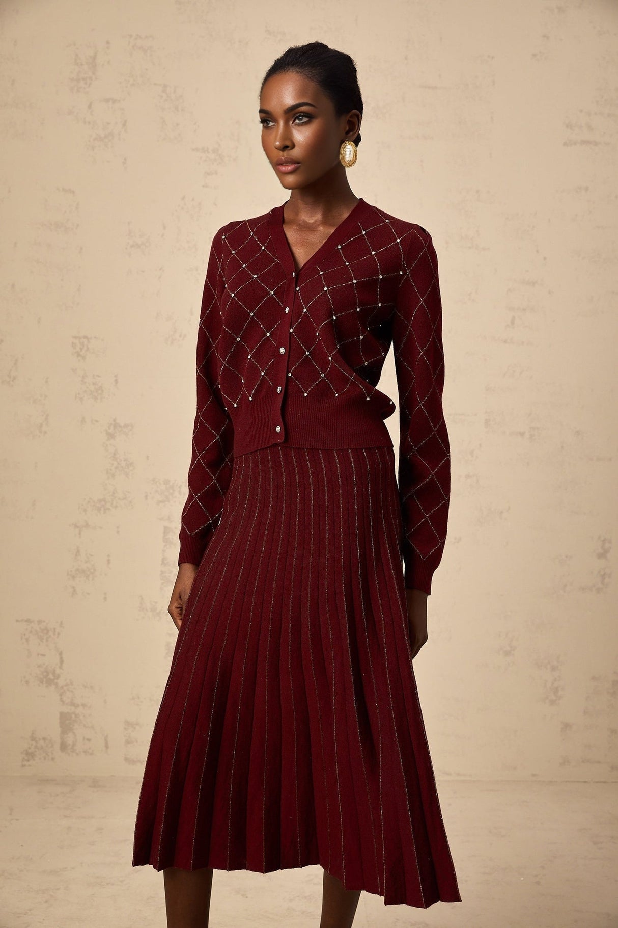 Elena Cardigan & Skirt - V - Neck Design - Argyle Intarsia Knit - Crystal Embellishment - Decorative Button Detailing