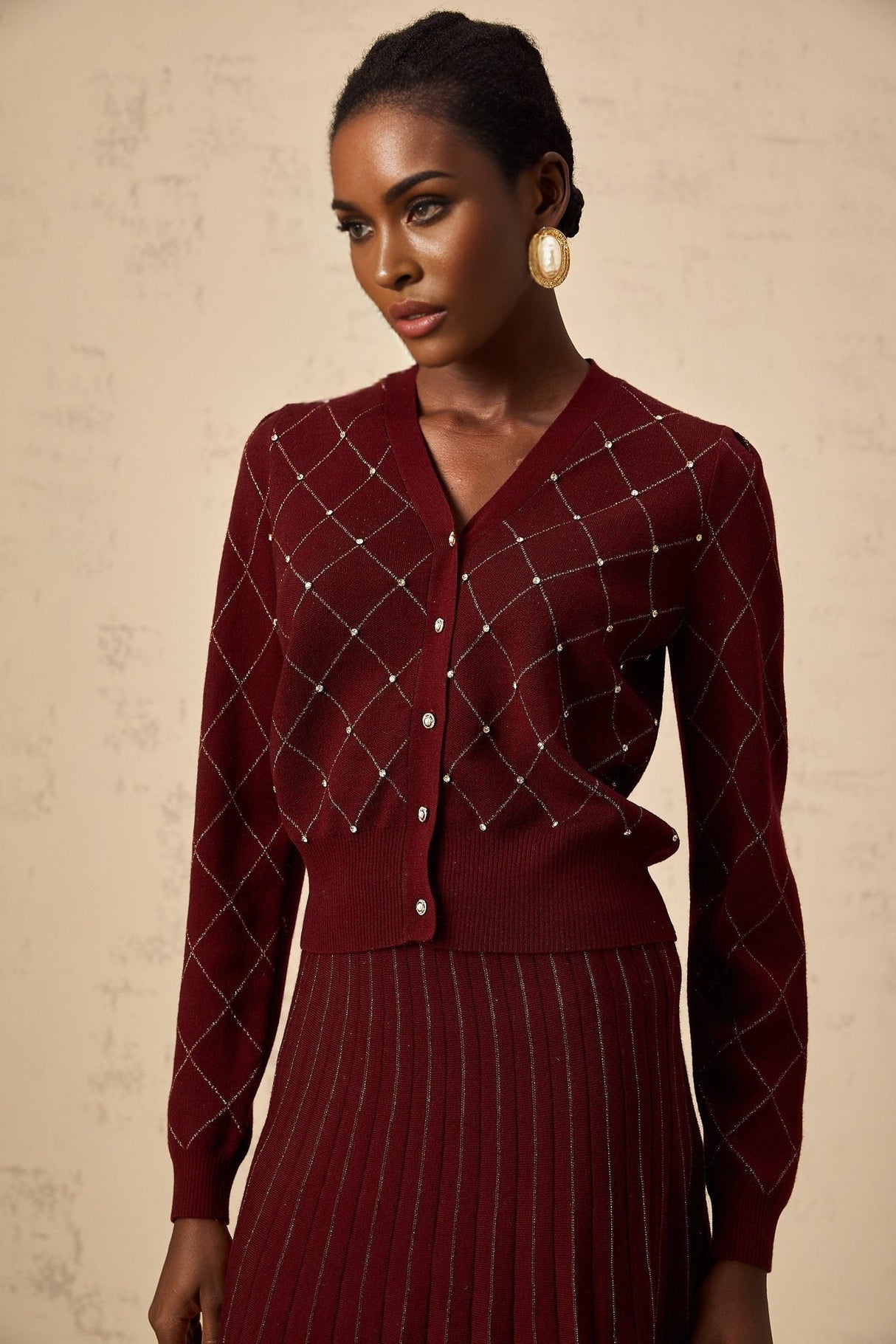 Elena Cardigan & Skirt - V - Neck Design - Argyle Intarsia Knit - Crystal Embellishment - Decorative Button Detailing