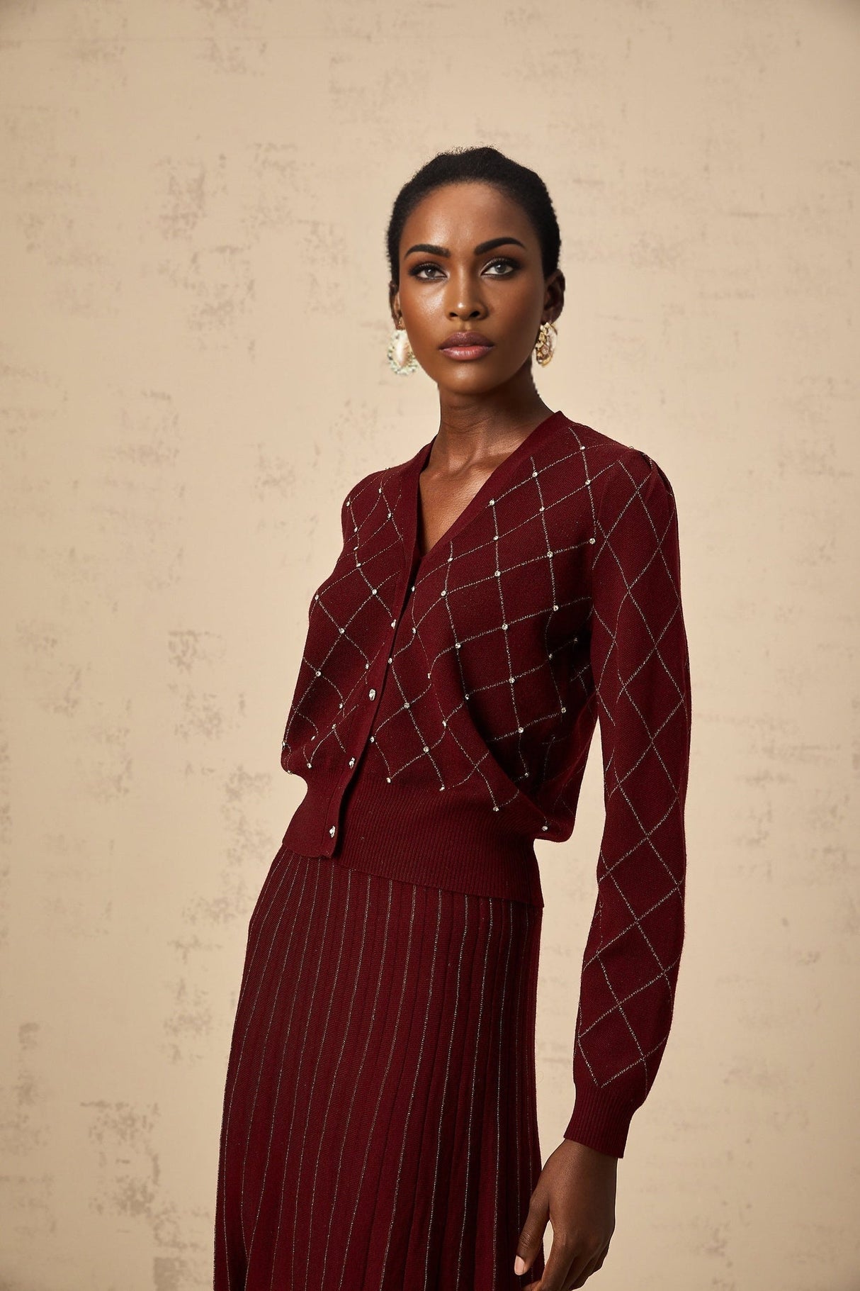 Elena Cardigan & Skirt - V - Neck Design - Argyle Intarsia Knit - Crystal Embellishment - Decorative Button Detailing