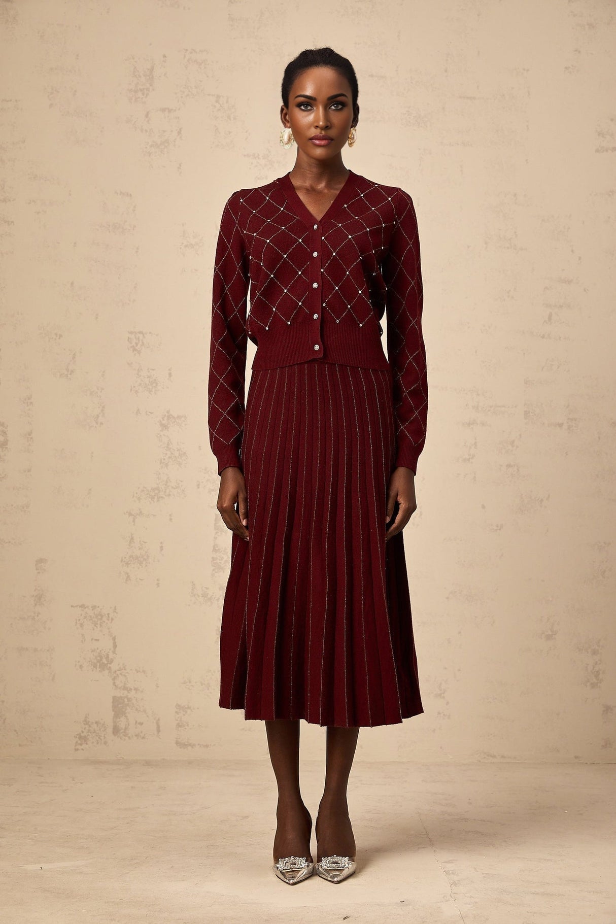 Elena Cardigan & Skirt - V - Neck Design - Argyle Intarsia Knit - Crystal Embellishment - Decorative Button Detailing