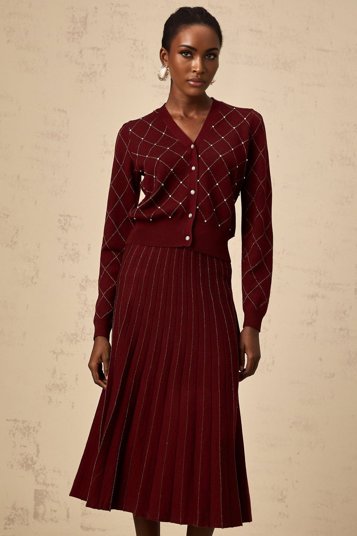 Elena Cardigan & Skirt - V - Neck Design - Argyle Intarsia Knit - Crystal Embellishment - Decorative Button Detailing