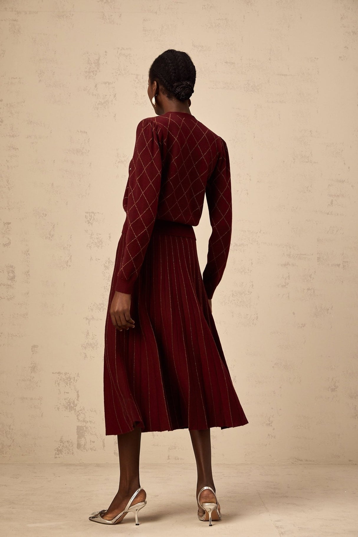 Elena Cardigan & Skirt - V - Neck Design - Argyle Intarsia Knit - Crystal Embellishment - Decorative Button Detailing