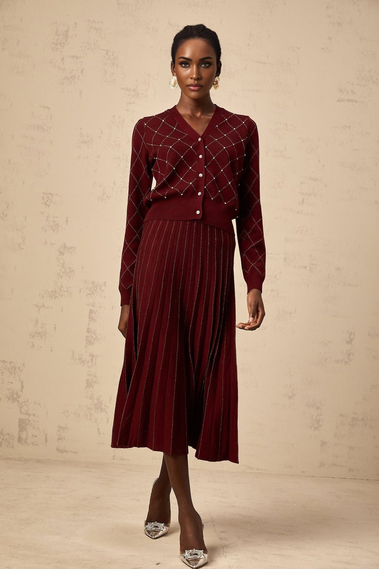 Elena Cardigan & Skirt - V - Neck Design - Argyle Intarsia Knit - Crystal Embellishment - Decorative Button Detailing