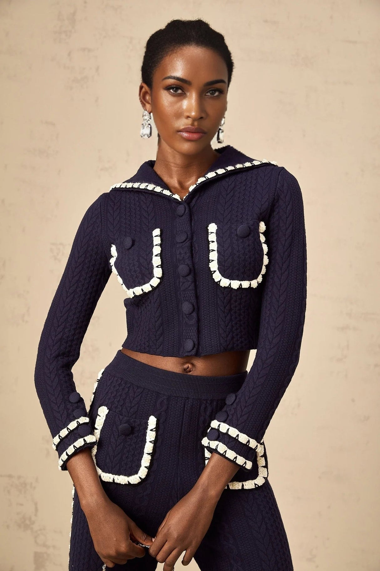 Elena Cardigan & Trousers Set Chunky Crochet Sailor Collar Blue White
