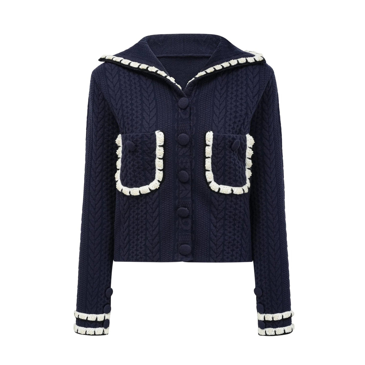 Elena Cardigan & Trousers Set Chunky Crochet Sailor Collar Blue White