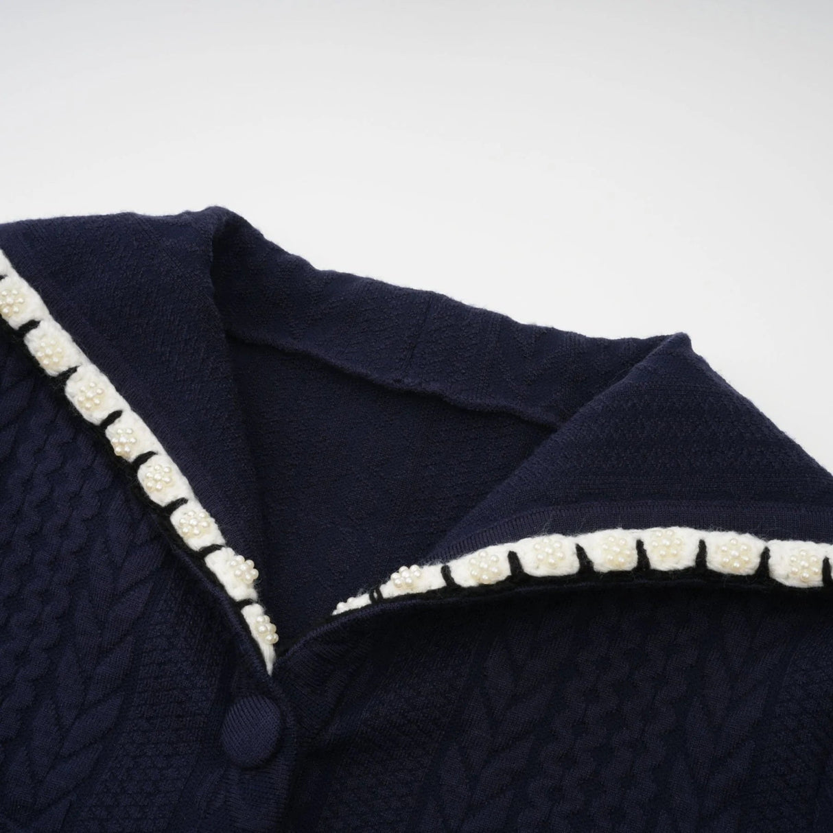 Elena Cardigan & Trousers Set Chunky Crochet Sailor Collar Blue White