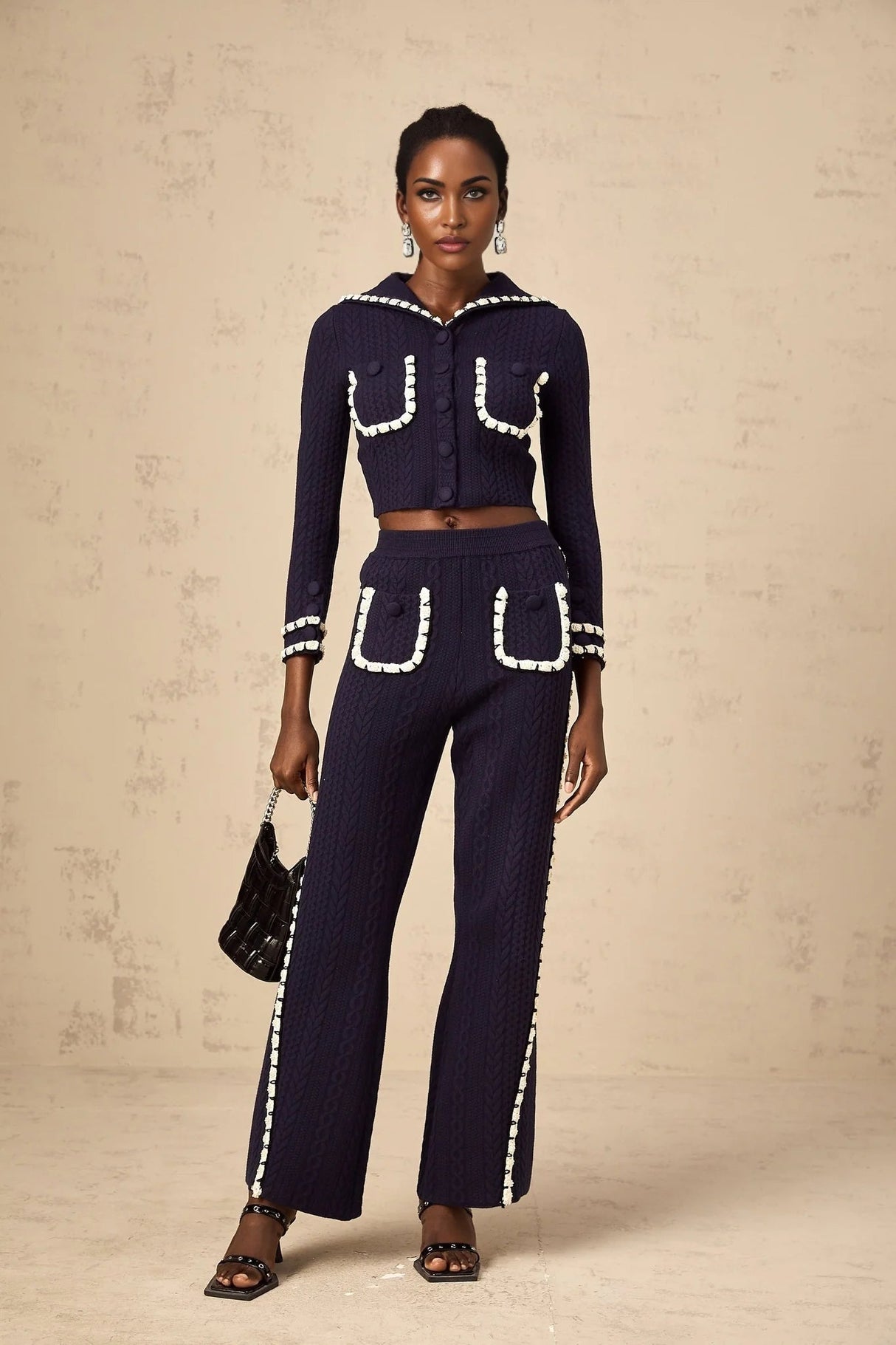 Elena Cardigan & Trousers Set Chunky Crochet Sailor Collar Blue White