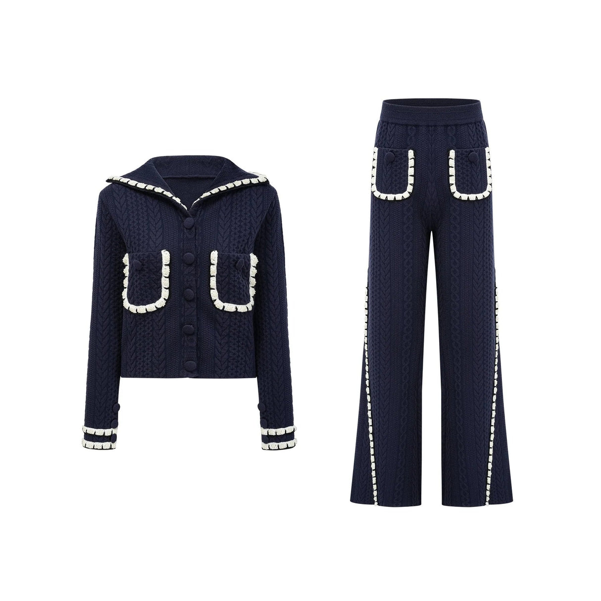 Elena Cardigan & Trousers Set Chunky Crochet Sailor Collar Blue White