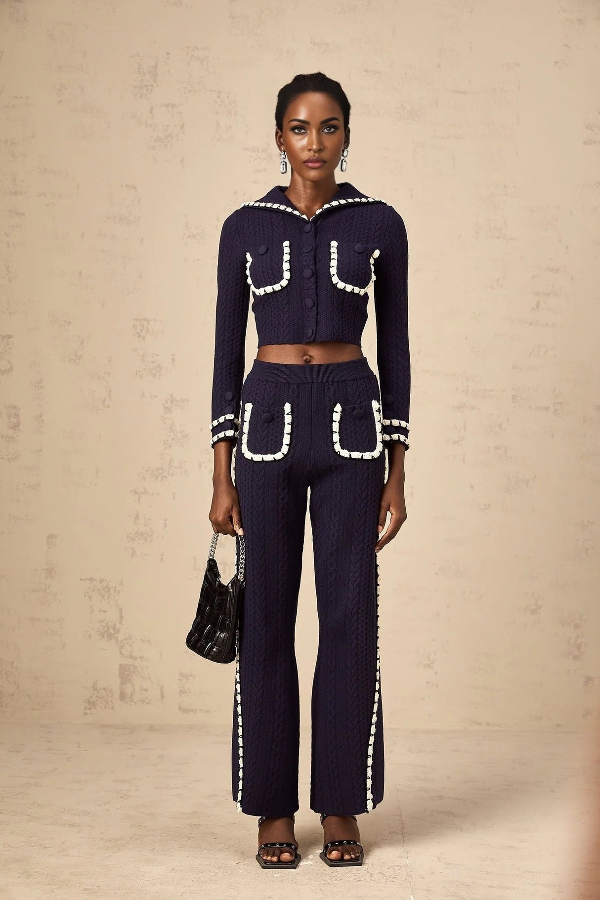 Elena Cardigan & Trousers Set Chunky Crochet Sailor Collar Blue White