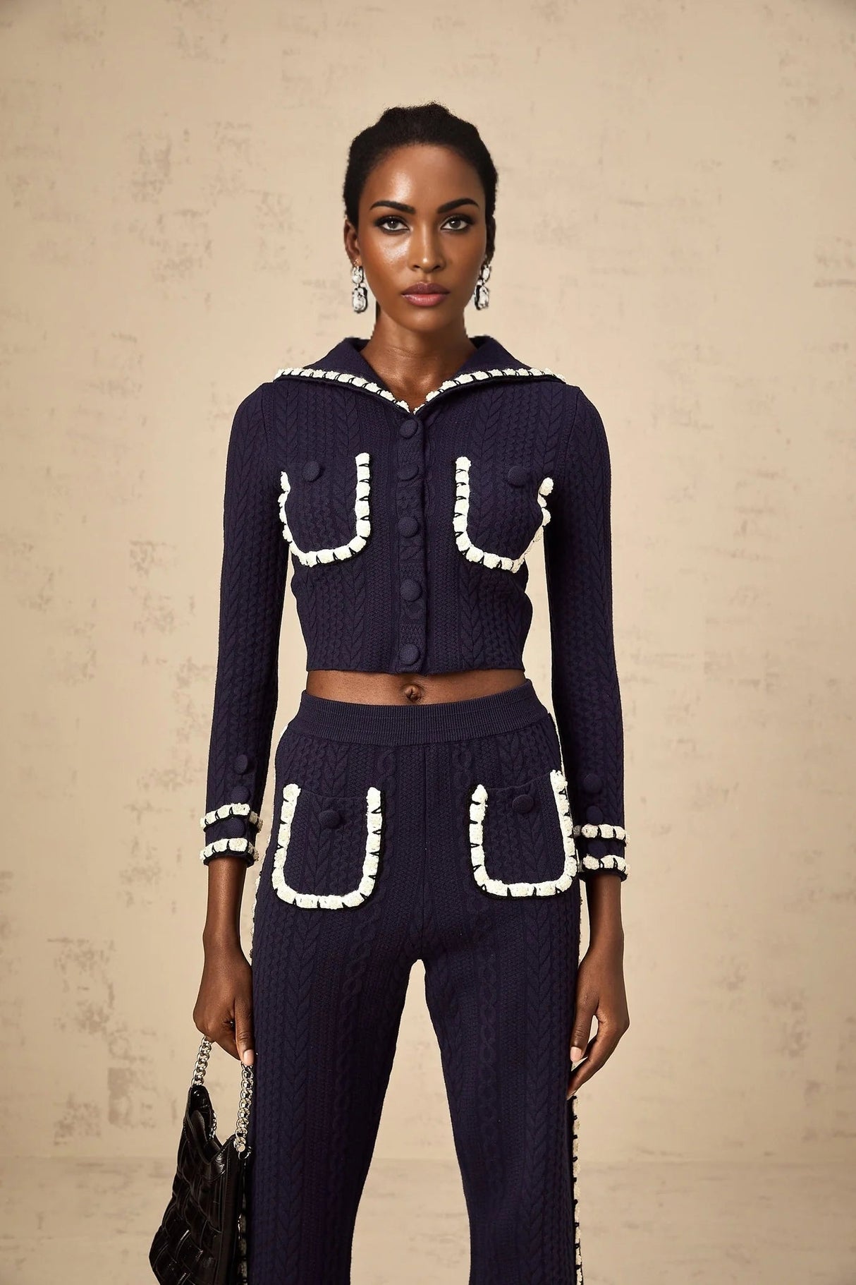 Elena Cardigan & Trousers Set Chunky Crochet Sailor Collar Blue White