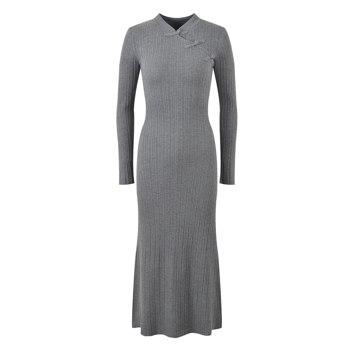 Elena Dress - Form - Fitting Silhouette - High Neckline Design - Ribbed Knit Fabric - Decorative Knots at Neckline