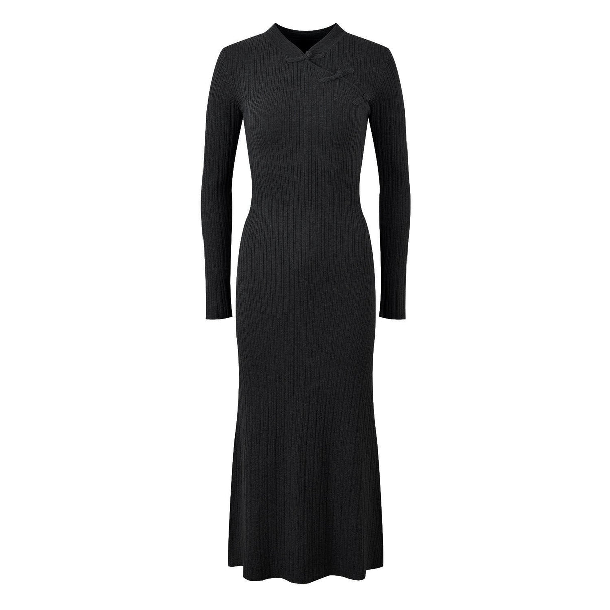 Elena Dress - Form - Fitting Silhouette - High Neckline Design - Ribbed Knit Fabric - Decorative Knots at Neckline