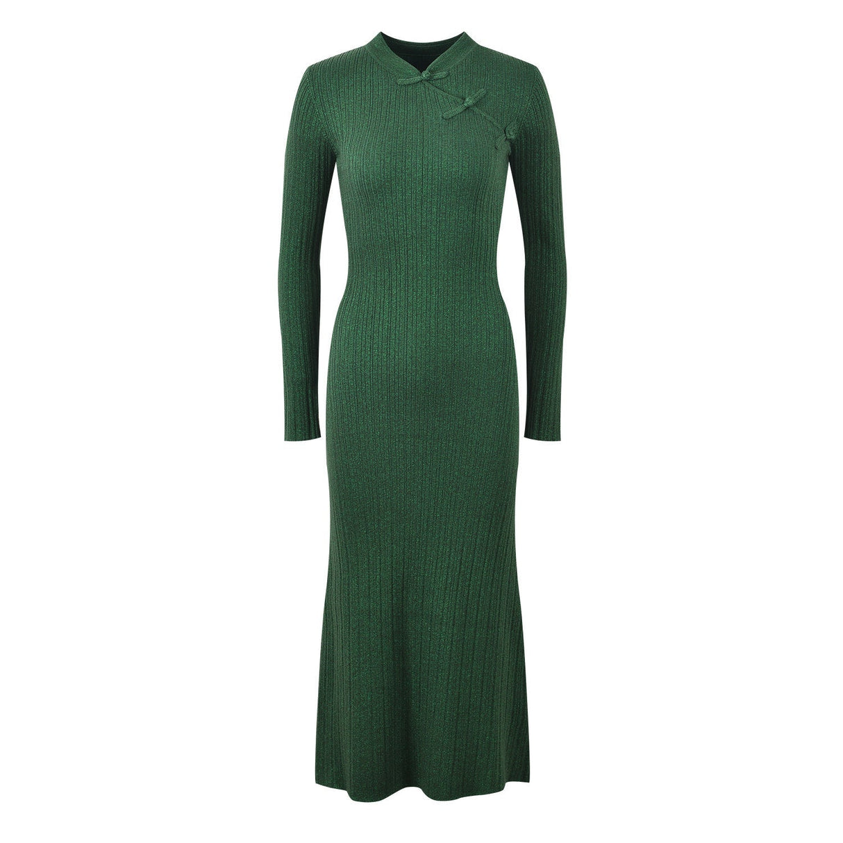 Elena Dress - Form - Fitting Silhouette - High Neckline Design - Ribbed Knit Fabric - Decorative Knots at Neckline