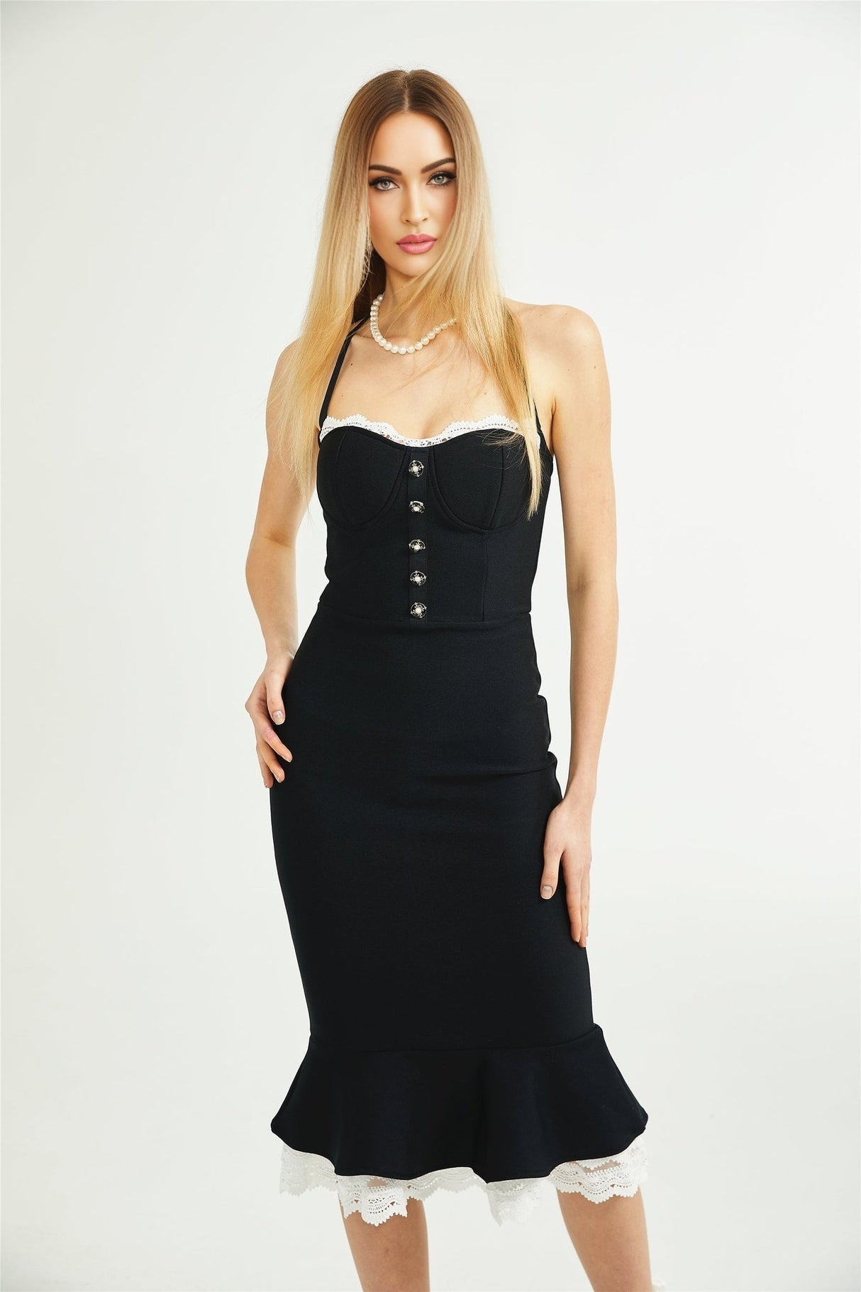 Elena Dress - halter neck Sleeveless Bustier Lace - Trim Mermaid Midi