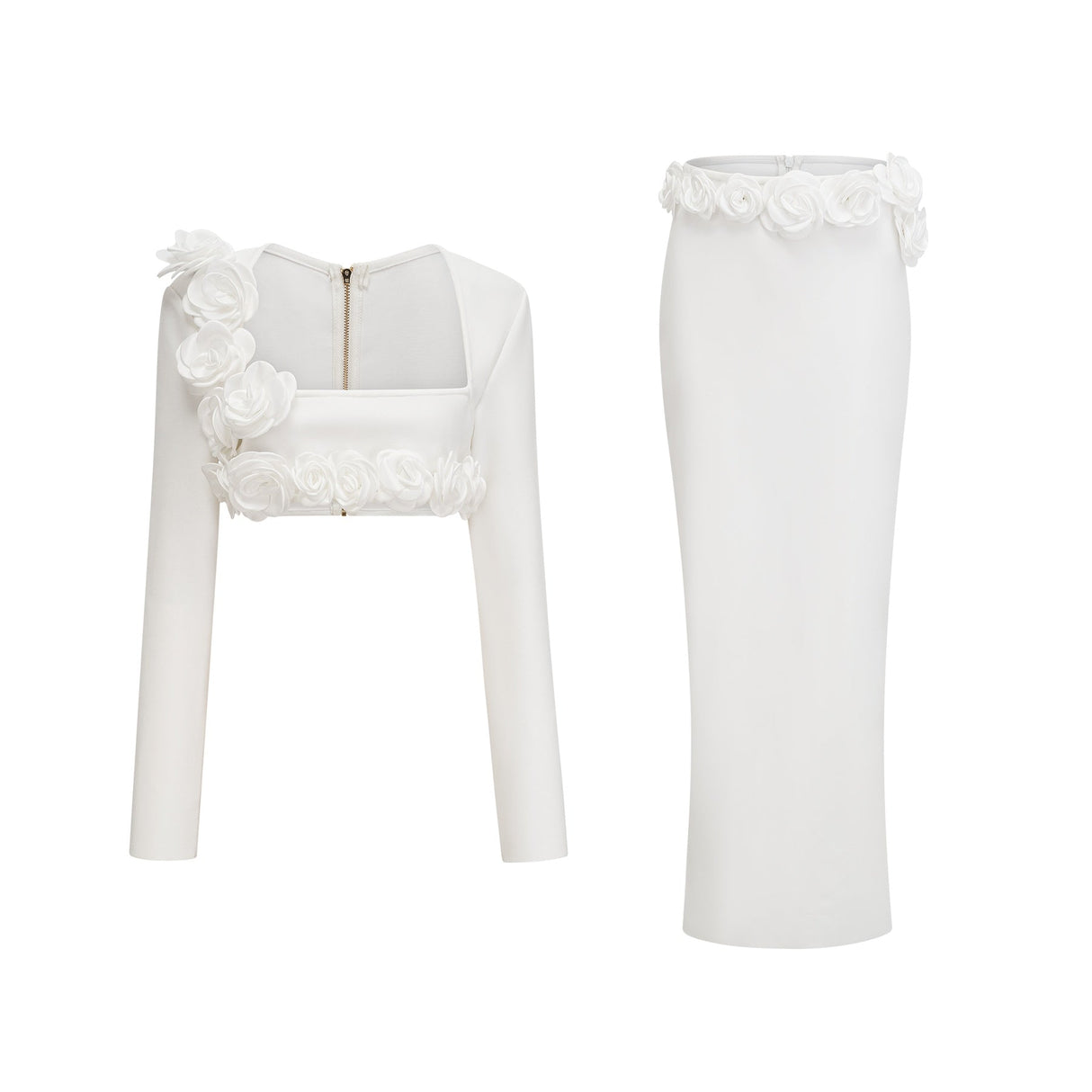 Elena Faux - Flower Detailed Cropped Top - Ankle - Length Skirt Set