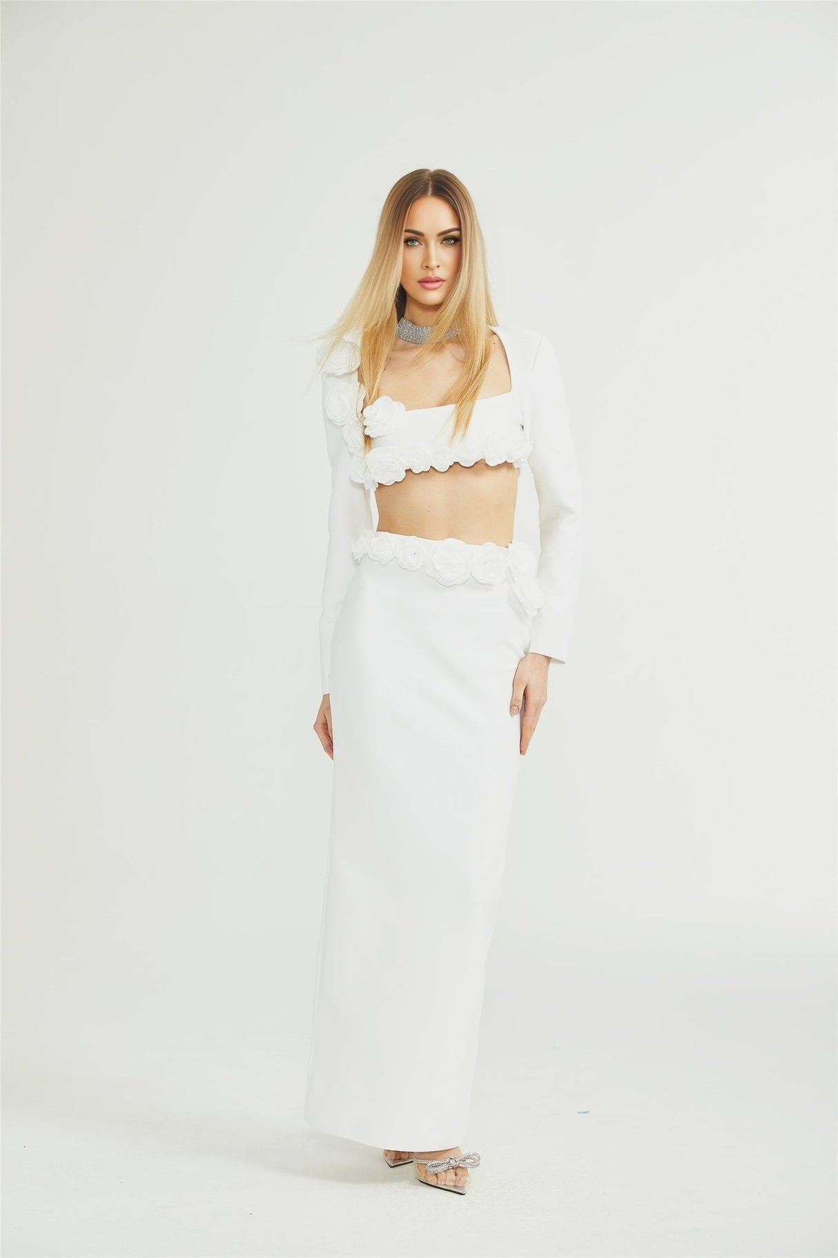 Elena Faux - Flower Detailed Cropped Top - Ankle - Length Skirt Set