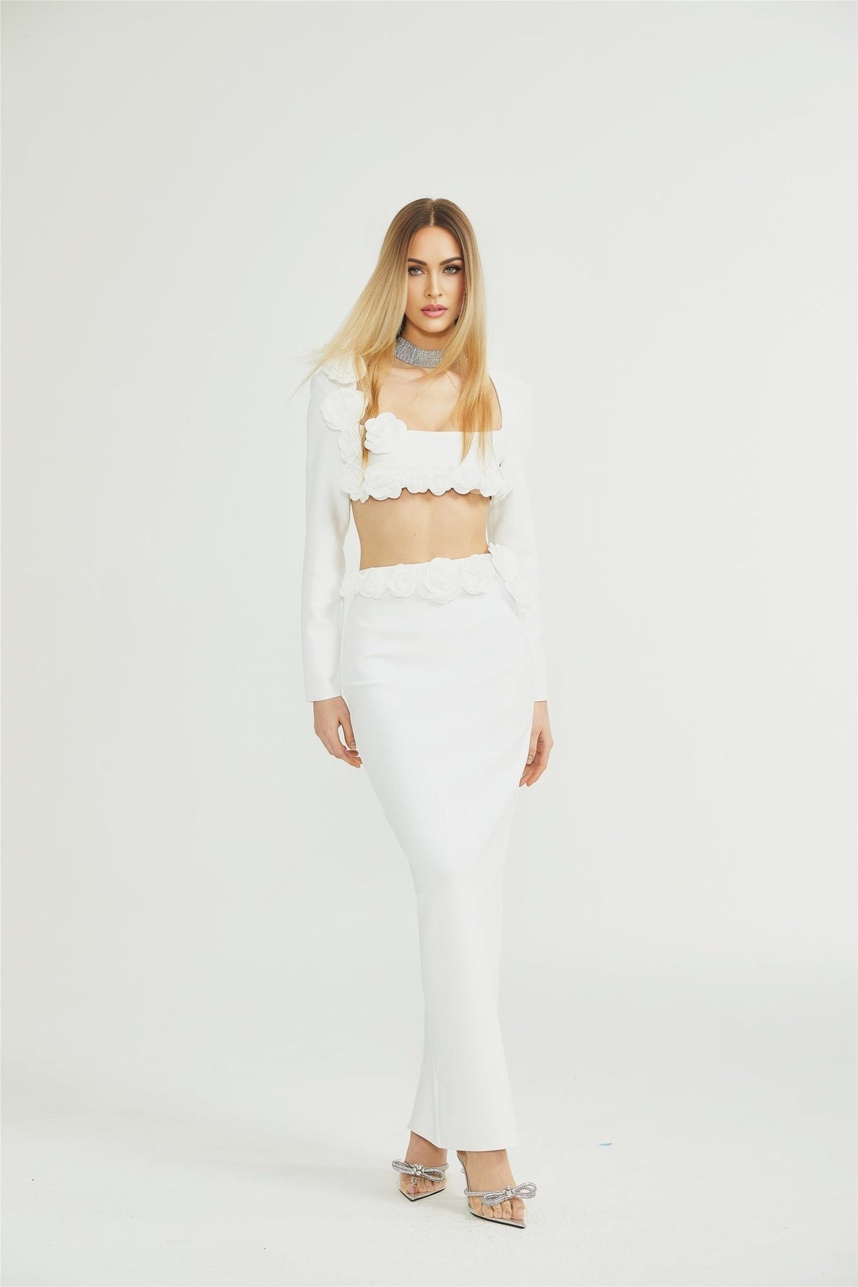 Elena Faux - Flower Detailed Cropped Top - Ankle - Length Skirt Set