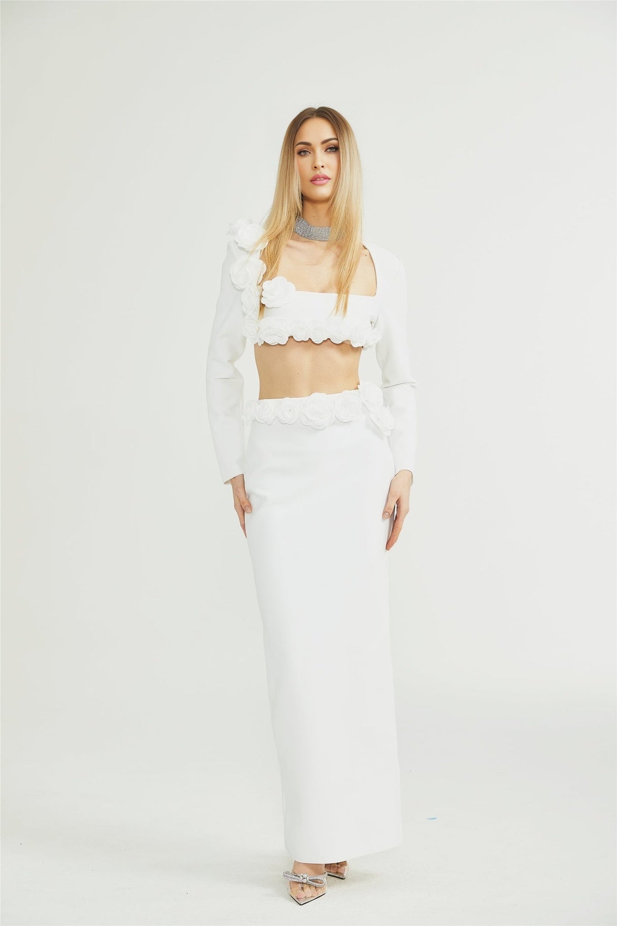 Elena Faux - Flower Detailed Cropped Top - Ankle - Length Skirt Set