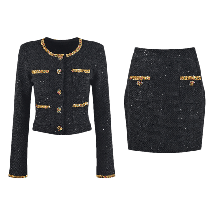 Elena Jacket & Skirt - Sequin Design - Front Button Fastening - Four Front Welt Pockets - Knitted Construction