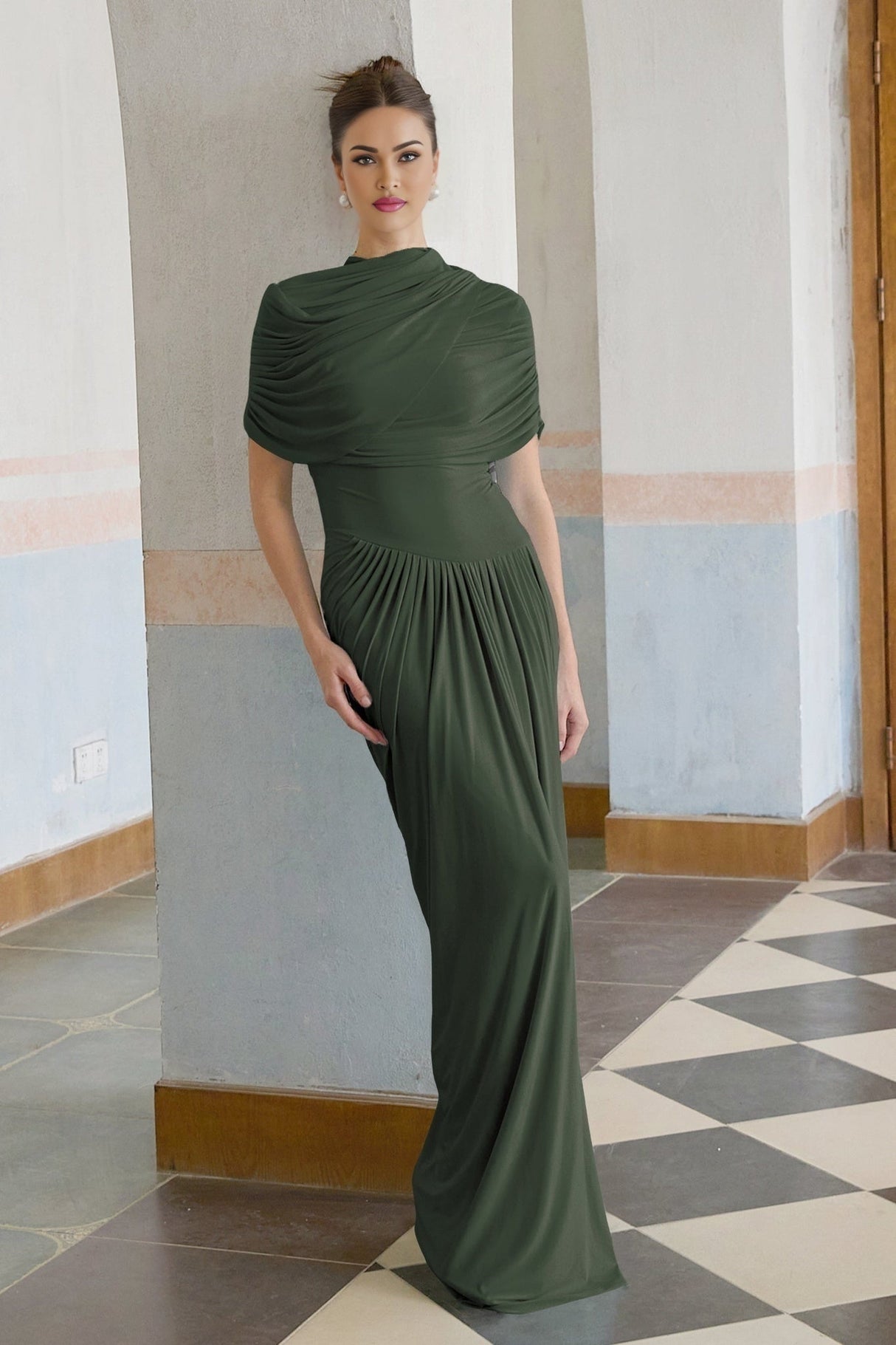 Elena Maxi Dress - Sleeveless with Crew Neck - Asymmetric Design - Pleated and Draped Detailing
