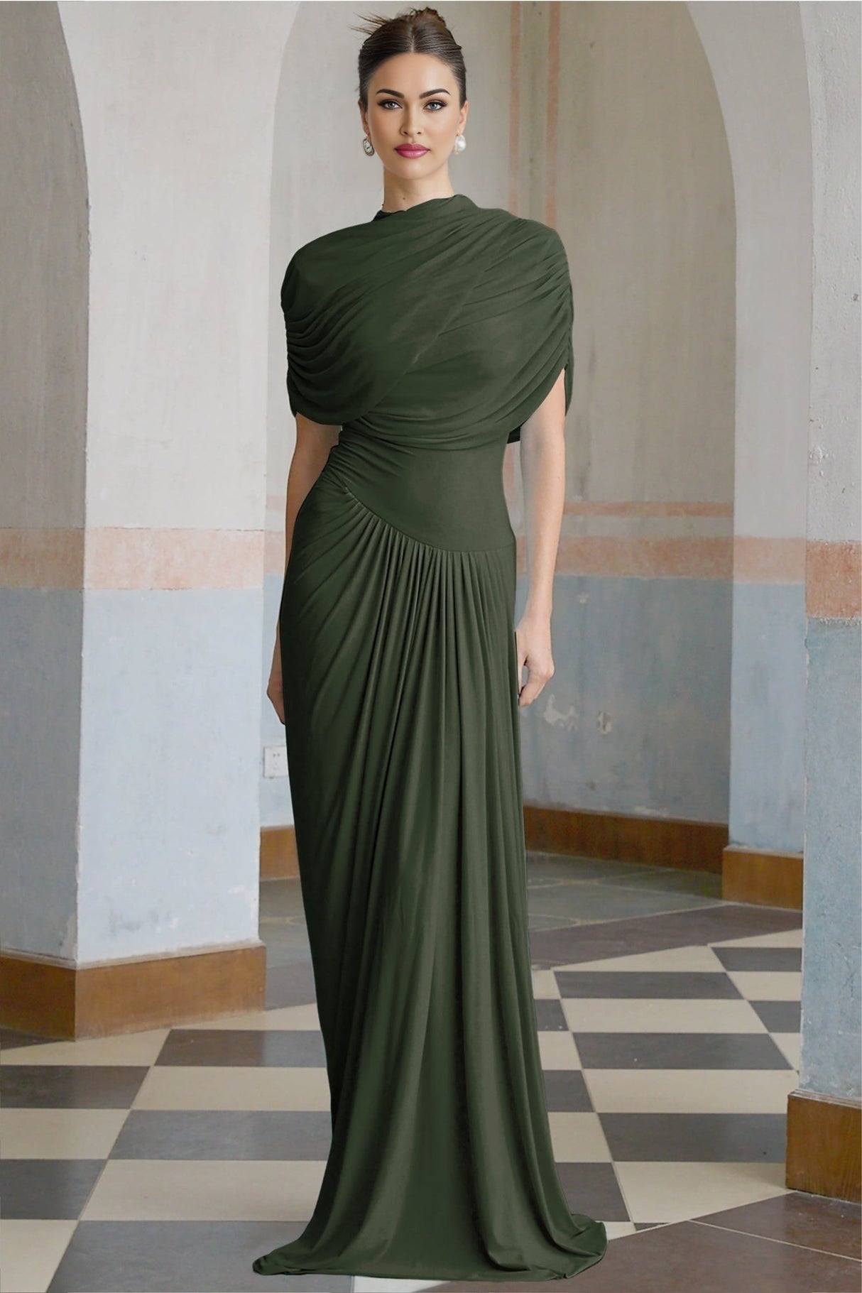 Elena Maxi Dress - Sleeveless with Crew Neck - Asymmetric Design - Pleated and Draped Detailing