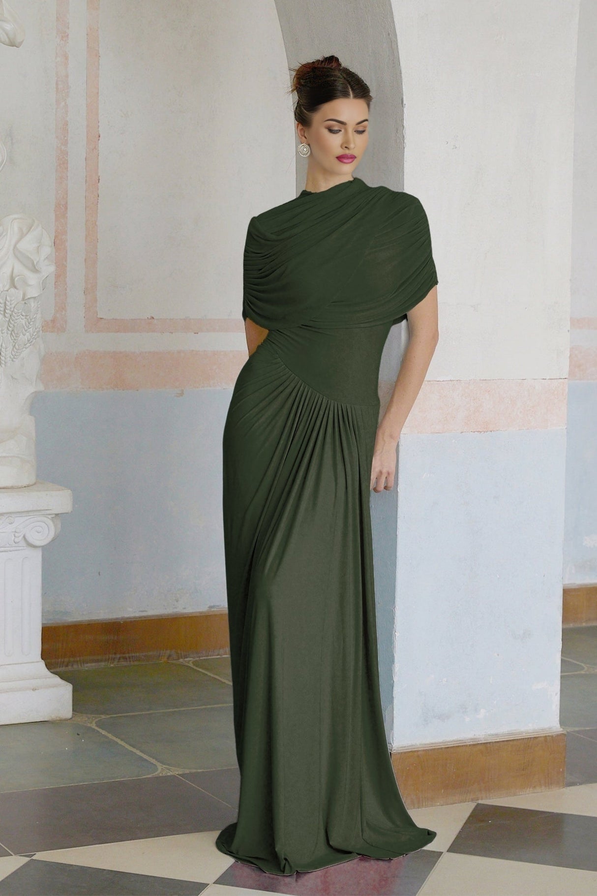Elena Maxi Dress - Sleeveless with Crew Neck - Asymmetric Design - Pleated and Draped Detailing